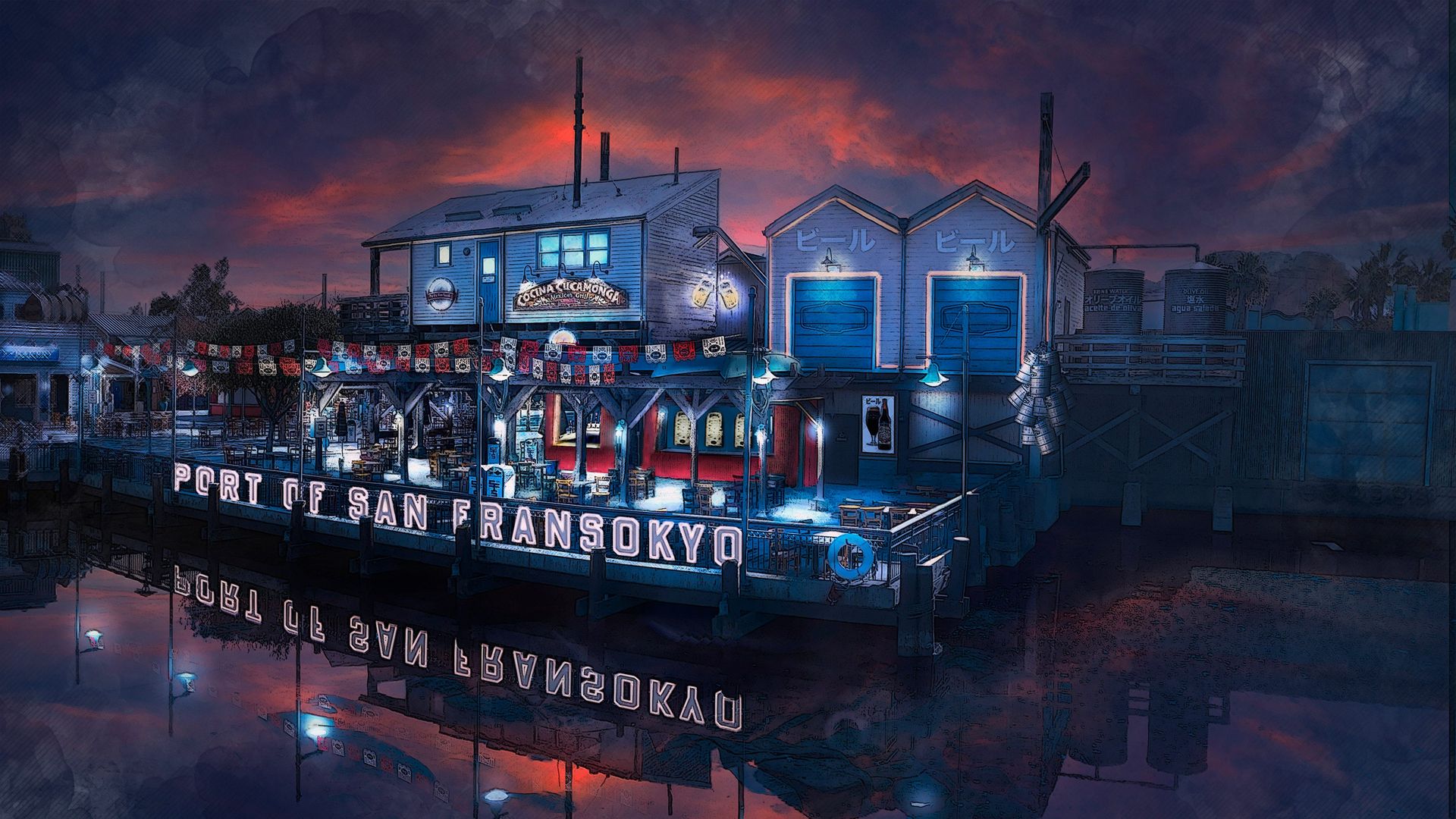 Conceptual art showing a port of San Fransokyo