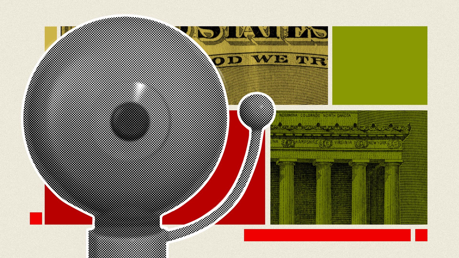black and white photo of an alarm in front of various rectangles and cutouts of money