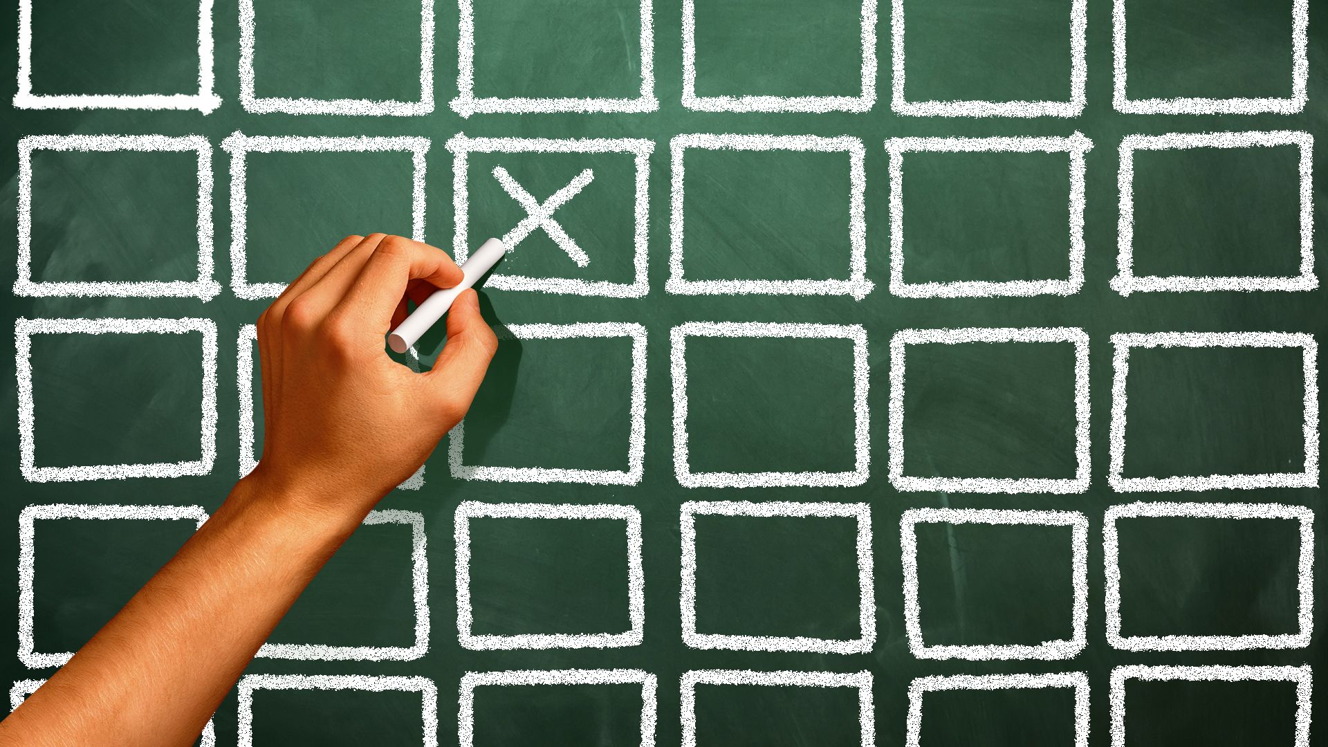 Illustration of a chalkboard covered in empty checkboxes with a hand holding a piece of chalk and writing an X in one of the boxes.  