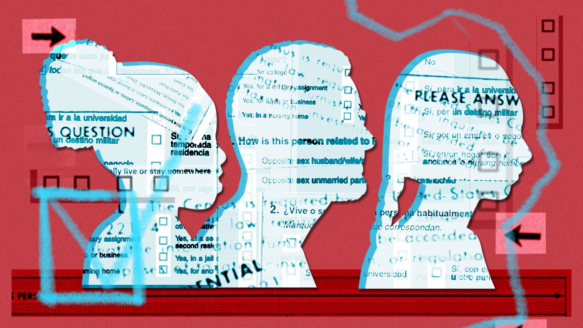 Illustration of people's silhouettes made from US Census questions.