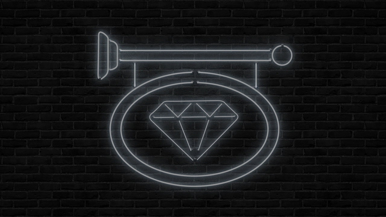 Animated illustration of a neon sign with a main street style hanging sign