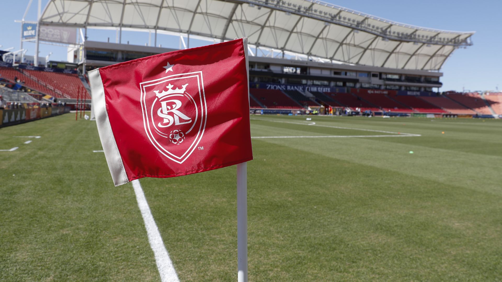 Wind blows the Real Salt Lake corner flag before the start of a game.
