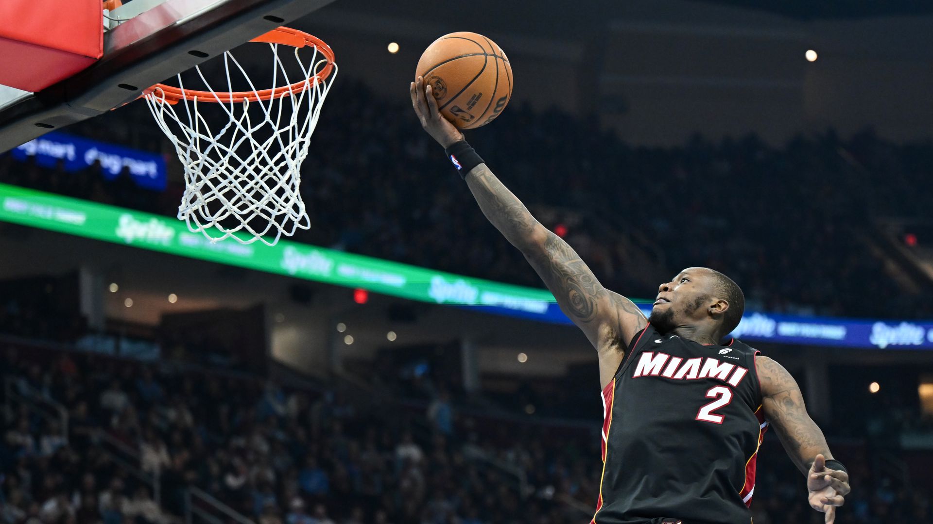 CLEVELAND, OHIO - MARCH 05: Terry Rozier #2 of the Miami Heat shoots during the first half against the Cleveland Cavaliers at Rocket Arena on March 05, 2025 in Cleveland, Ohio. NOTE TO USER: User expressly acknowledges and agrees that, by downloading and or using this photograph, User is consenting 