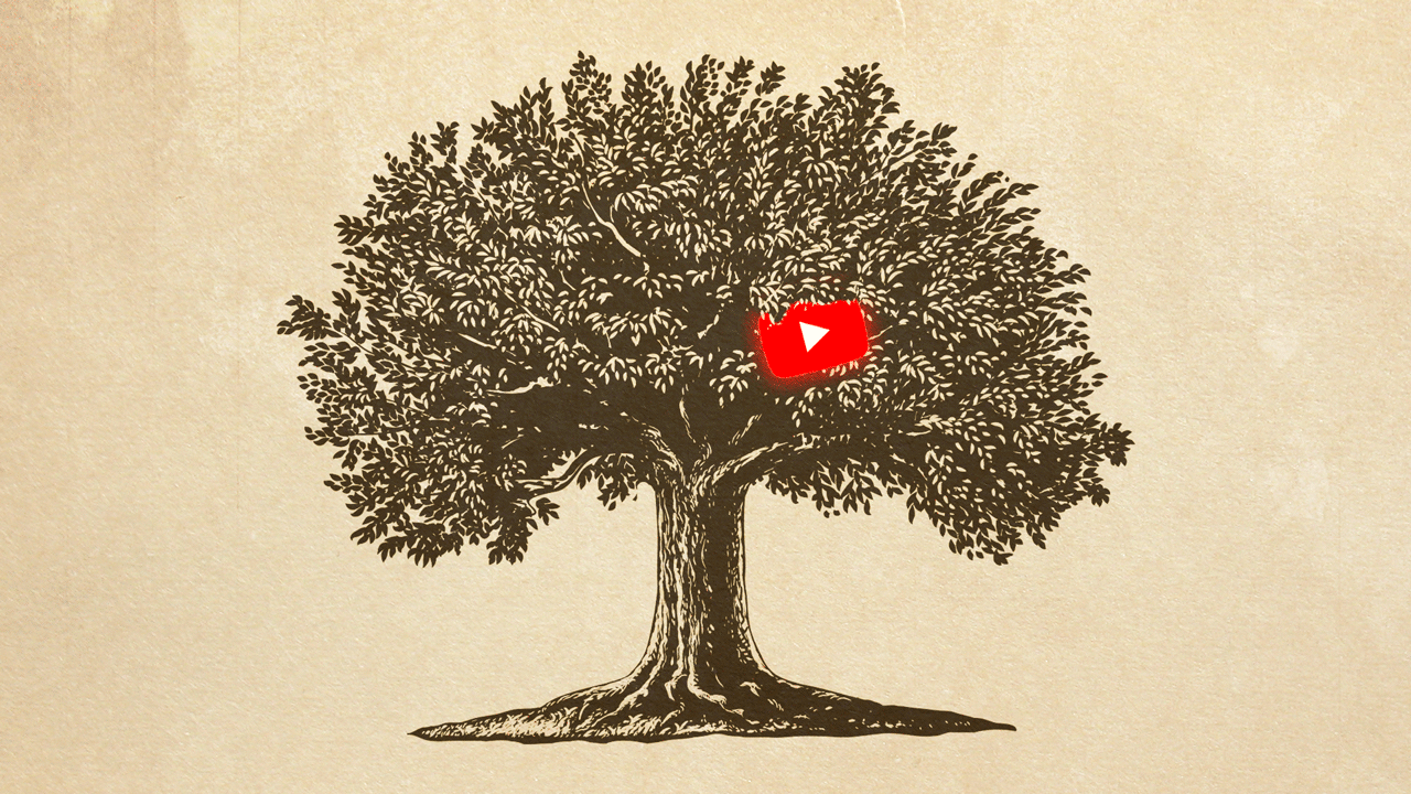 Illustration of YouTube logo as an apple on the tree of knowledge