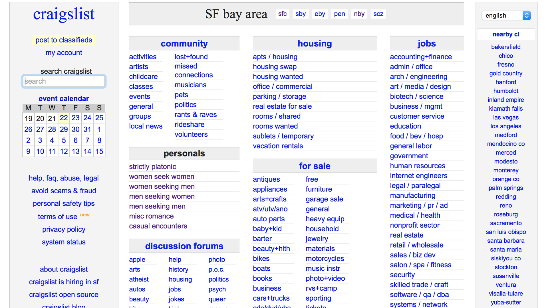 Craigslist site, including the now-removed personals section