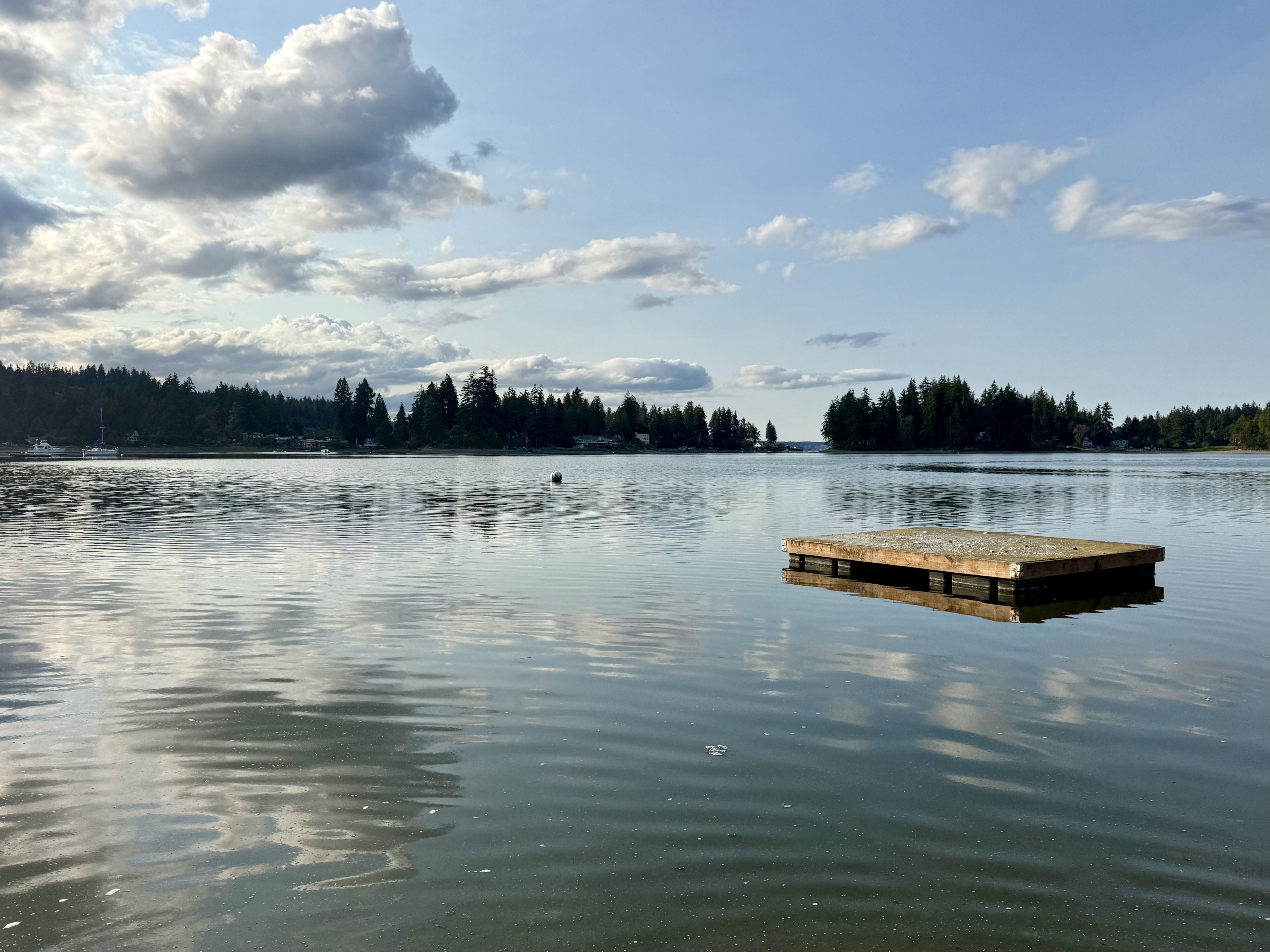 Wide lake scene with calm water reflecting a blue sky and white clouds. A wooden dock extends from the right, while a tree-lined shoreline with houses and boats sits across the water.