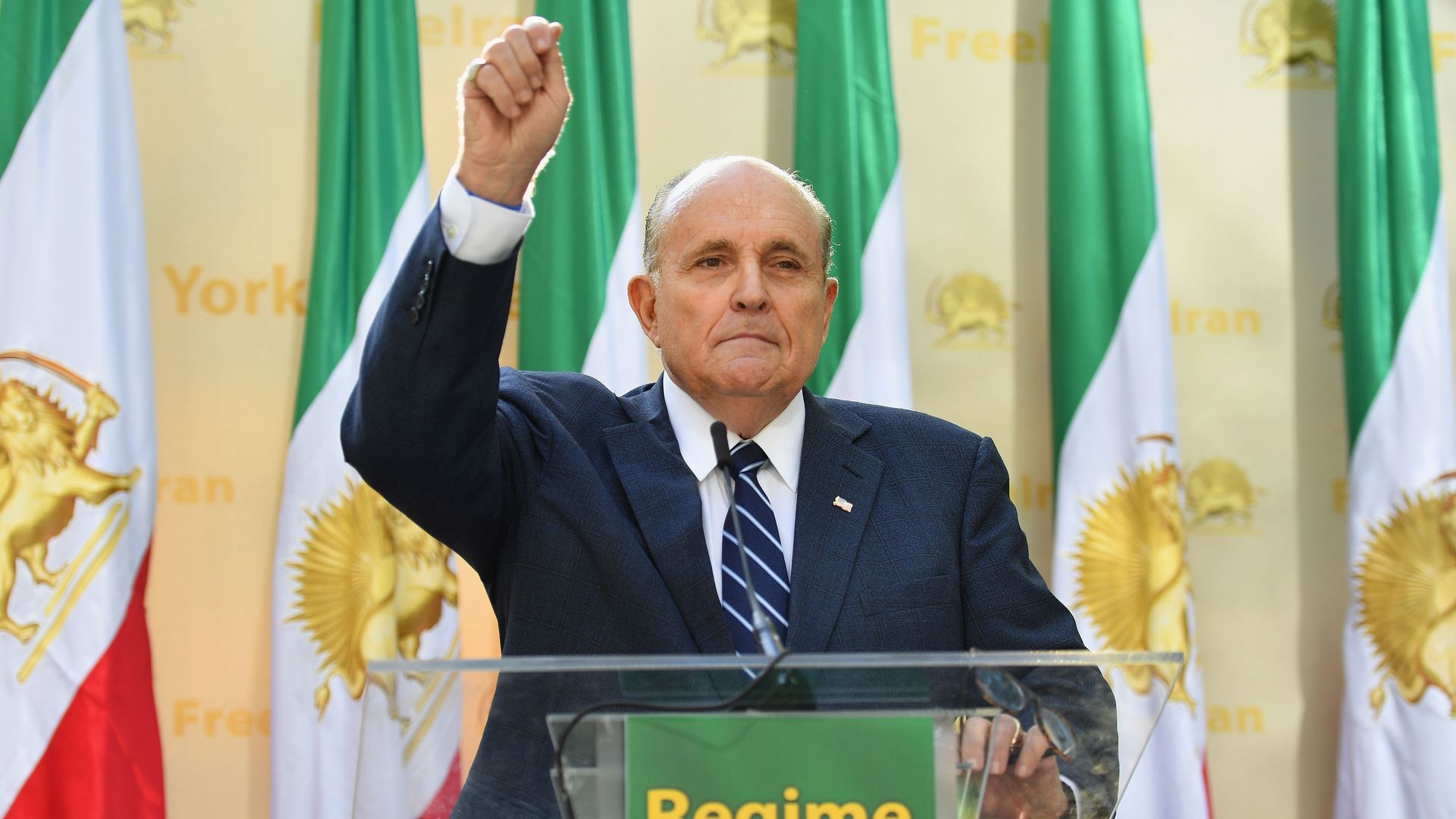 Rudy Giuliani, Former Mayor of New York City speaks to the Organization of Iranian American Communities outside the United Nations Headquarters in New York on September 24