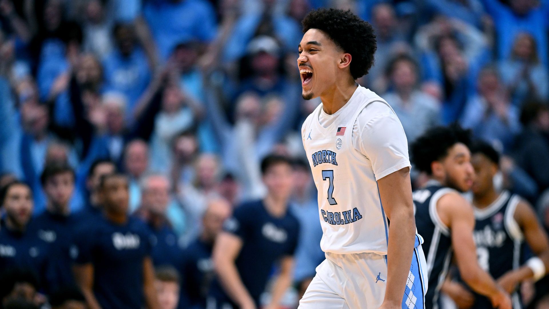 Seth Trimble of the North Carolina Tar Heels reacts after a win vs. Duke at the Dean E. Smith Center on February 03, 2024 in Chapel Hill, North Carolina. Photo: Grant Halverson/Getty Images