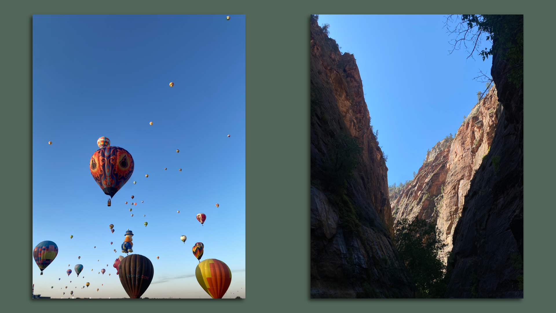 Image of hot air balloons ascending in Albuquerque (left) and the Narrows trail at Zion (right)