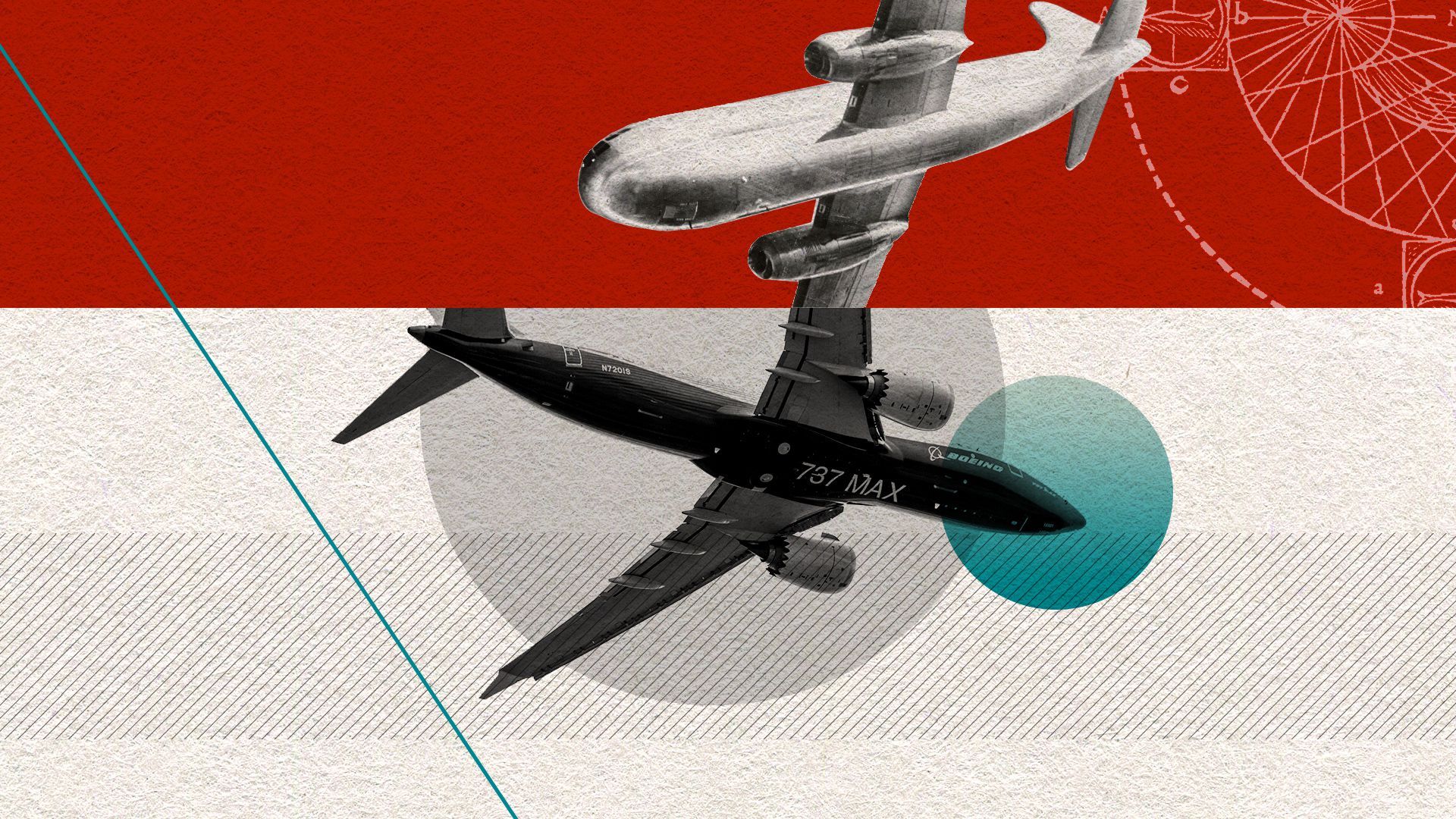 Illustration of a Boeing 737 and a Boeing Stratocruiser surrounded by lines, circles, and diagrams. 