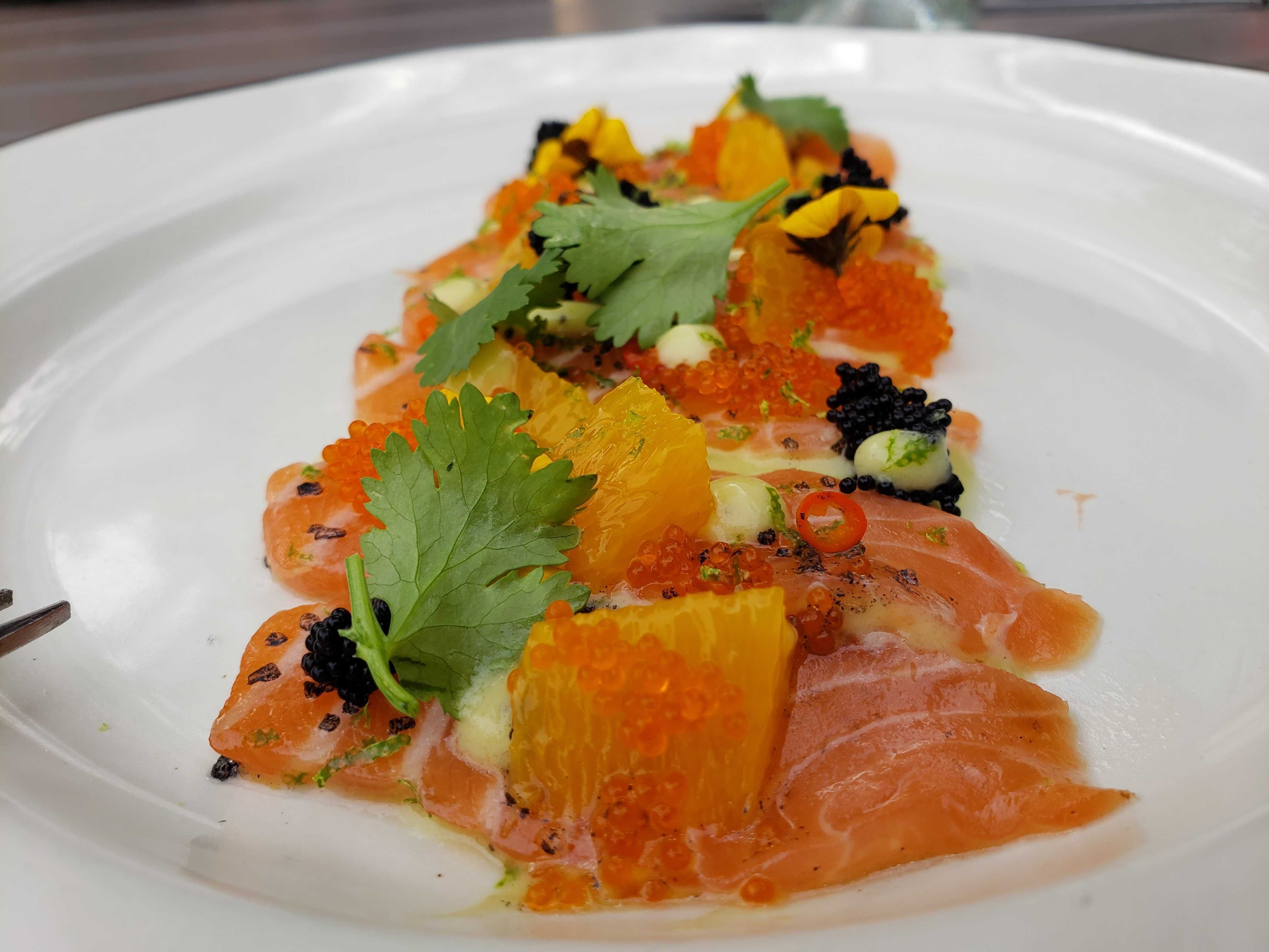 Photo of salmon crudo on a plate.