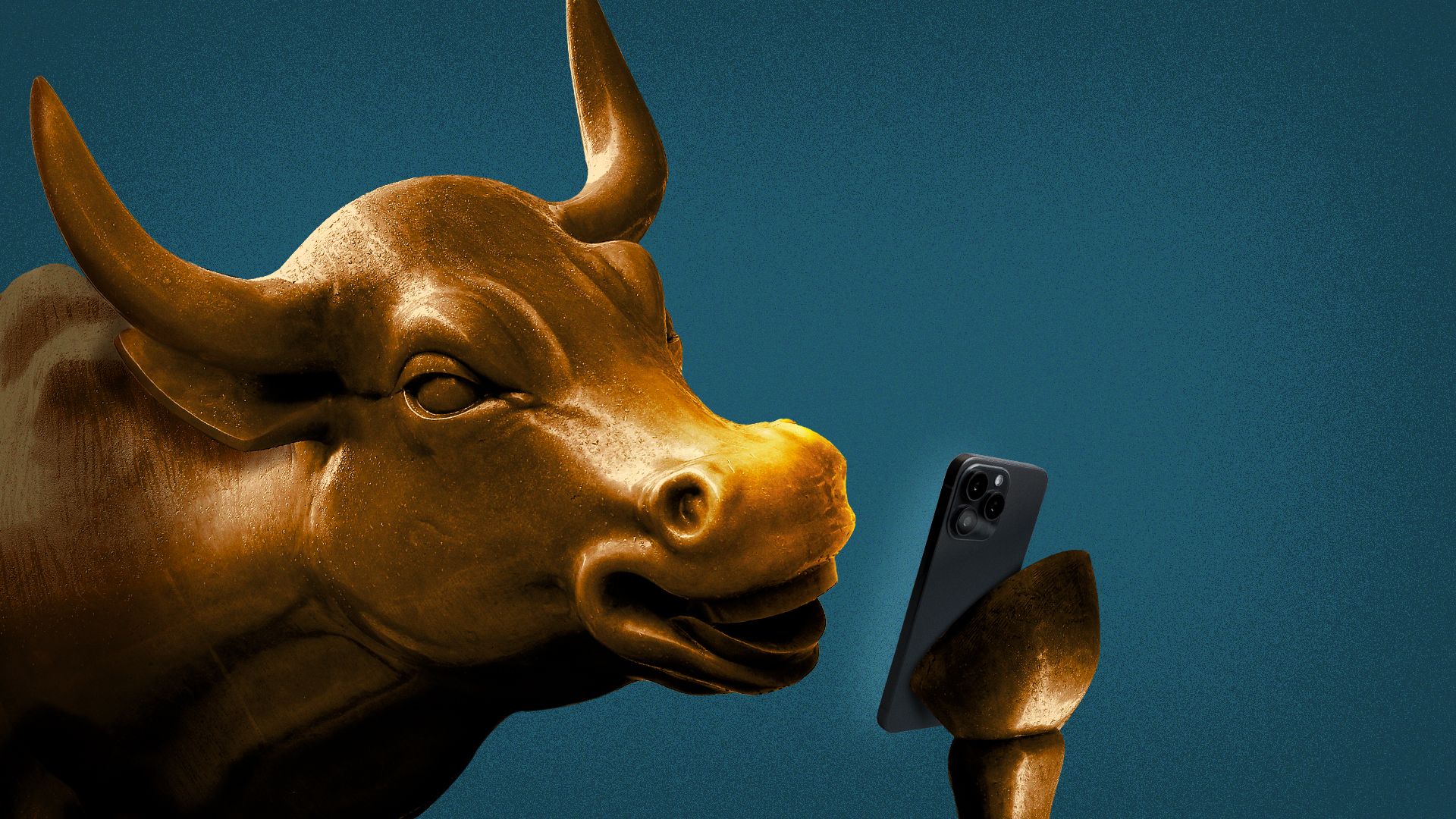 Illustration of the Wall Street Bull looking at a cell phone.