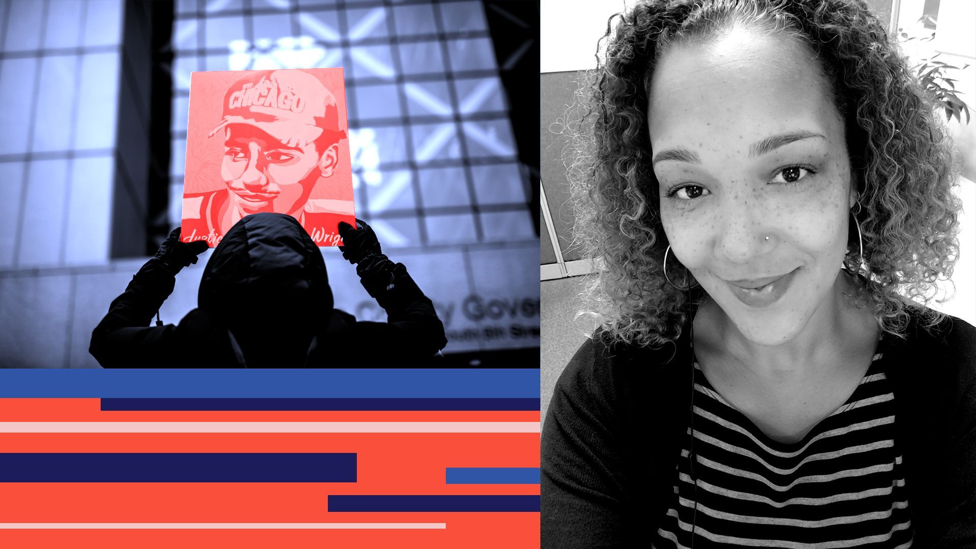 Photo illustration of Brooklyn Center mayor April Graves surrounded by shapes and a photo of a person holding up a sign featuring Daunte Wright