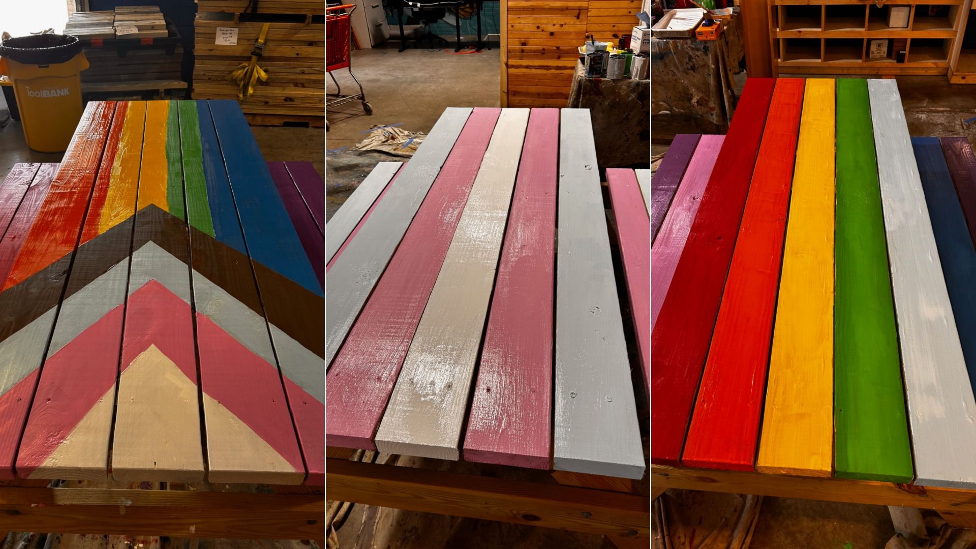 Triptych of a workshop table with painted wooden planks in rainbow colors. Left panel shows a chevron pattern; middle and right panels have striped boards, with tools and shelves in the background.