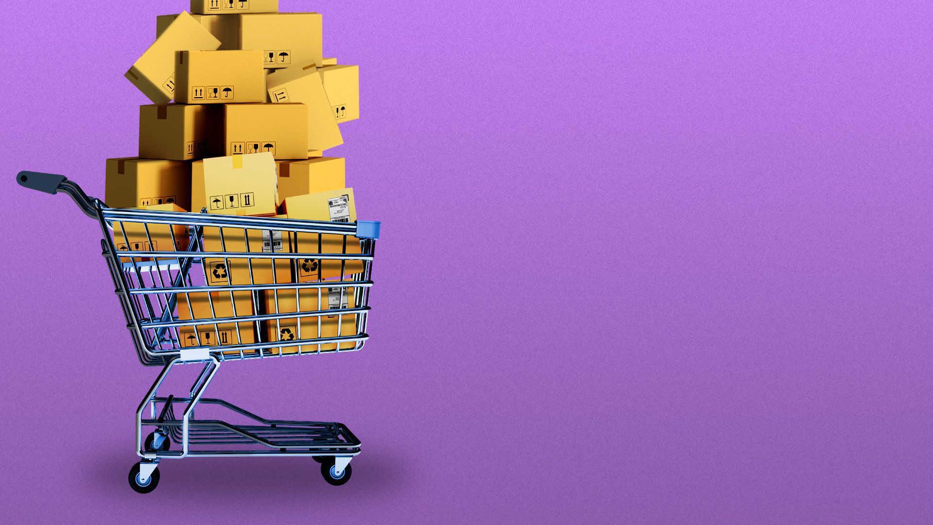 Illustration of a shopping cart with boxes in it. 