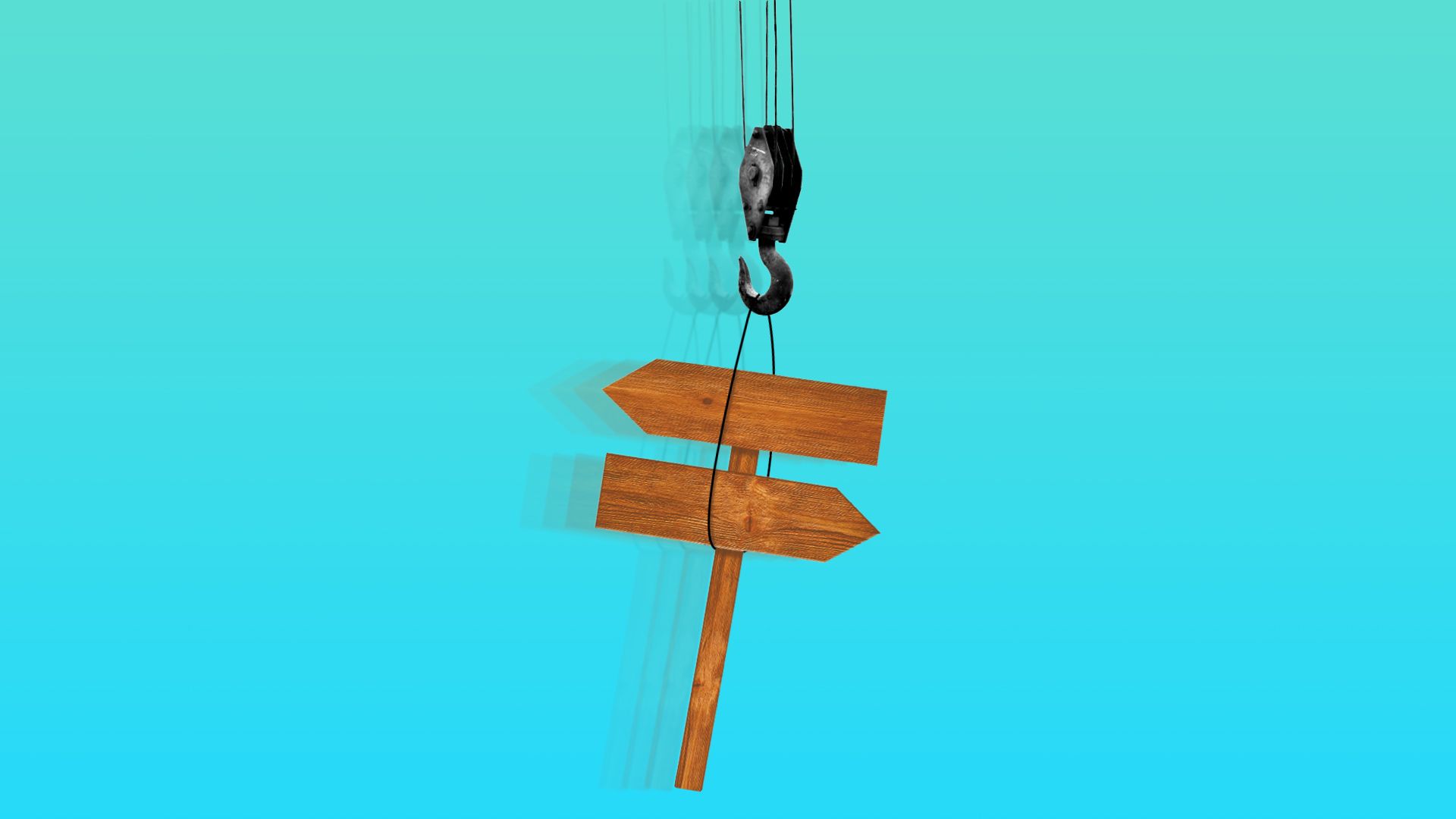 Illustration of a crane moving a trail sign.   