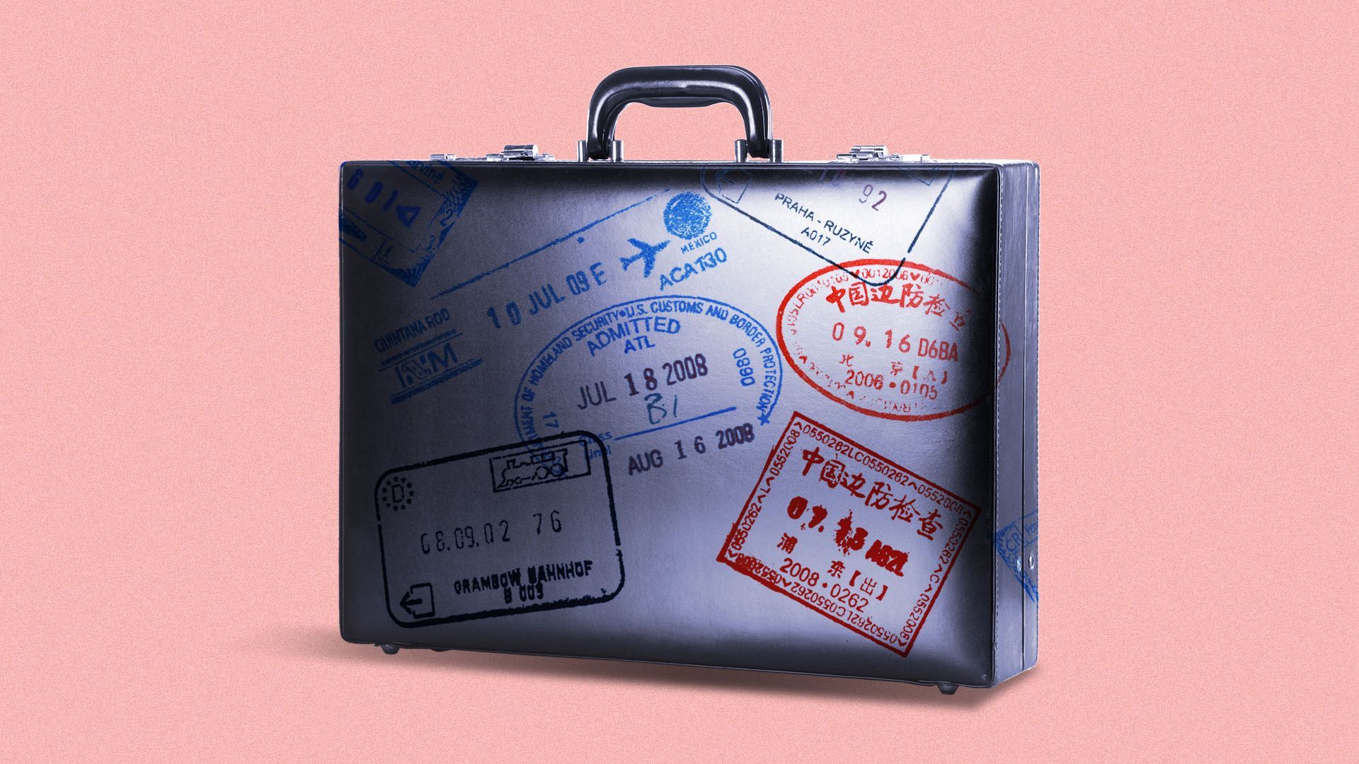 Illustration of a briefcase covered in passport stamps
