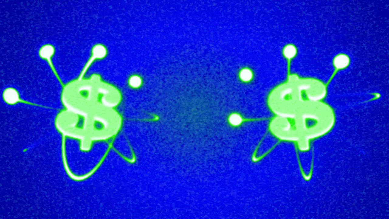 Animated illustration of two atoms with dollar signs for nuclei. They collide and glow before separating again.