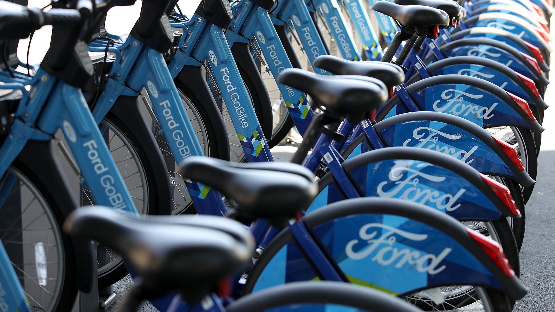 Row of Ford GoBikes for rent in San Francisco. 