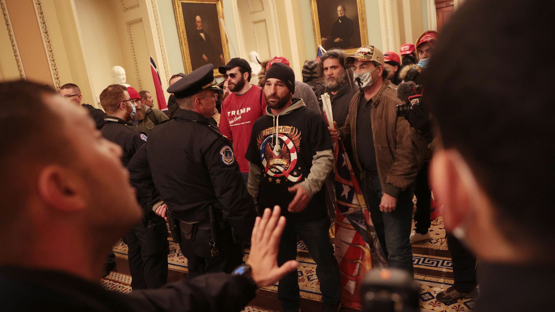 Doug Jensen (center) is shown with a group of rioters inside the Capitol on Jan. 6, 2021. Photo: Win McNamee/Getty Images