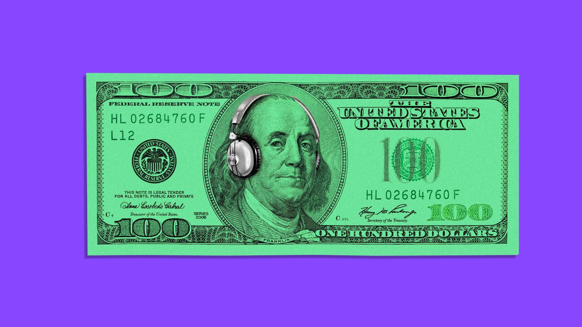 Illustration of a hundred dollar bill with Benjamin Franklin wearing headphones.