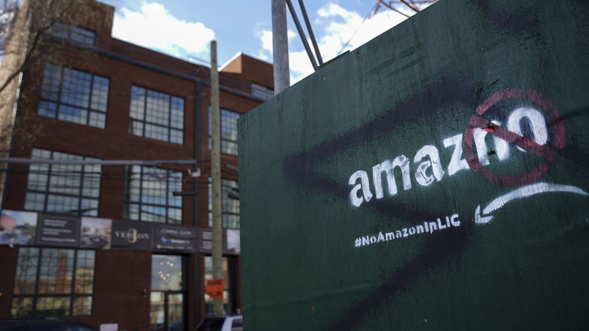 A protest message directed at Amazon in the Long Island City.