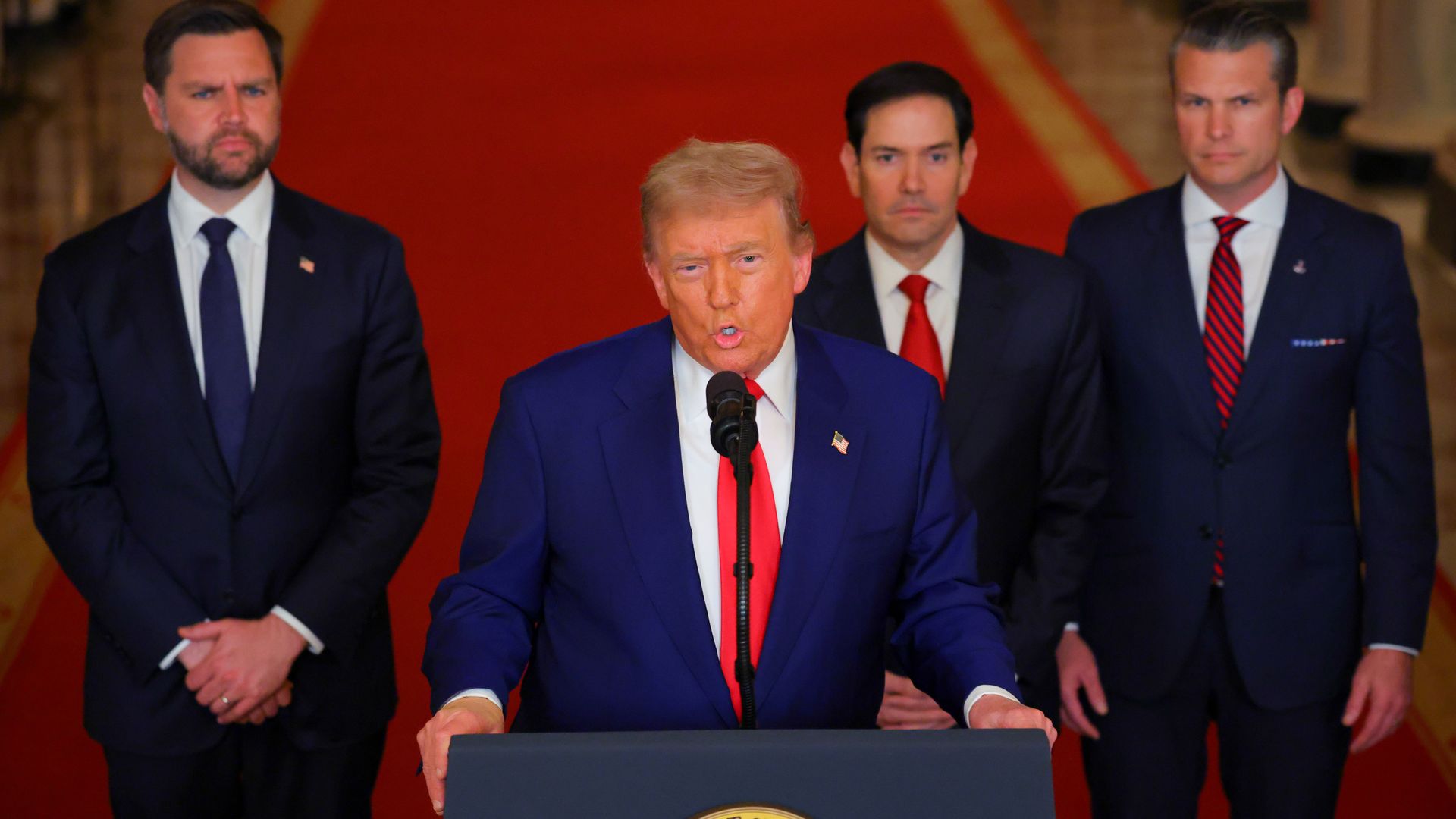 US Vice President JD Vance, from left, US President Donald Trump, Marco Rubio, US secretary of state, and Pete Hegseth, US secretary of defense, during an address to the nation in the East Room of the White House.