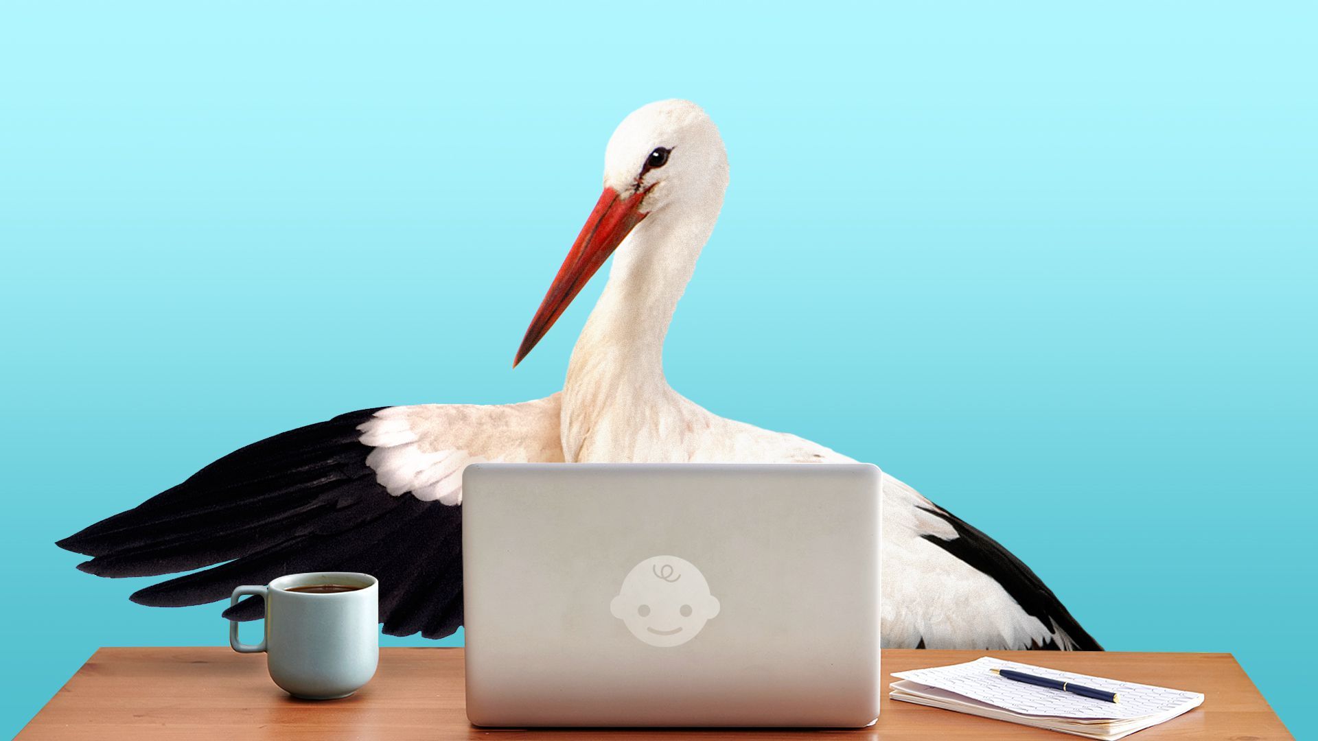 Illustration of a stork sitting at a desk with a laptop and cup of coffee