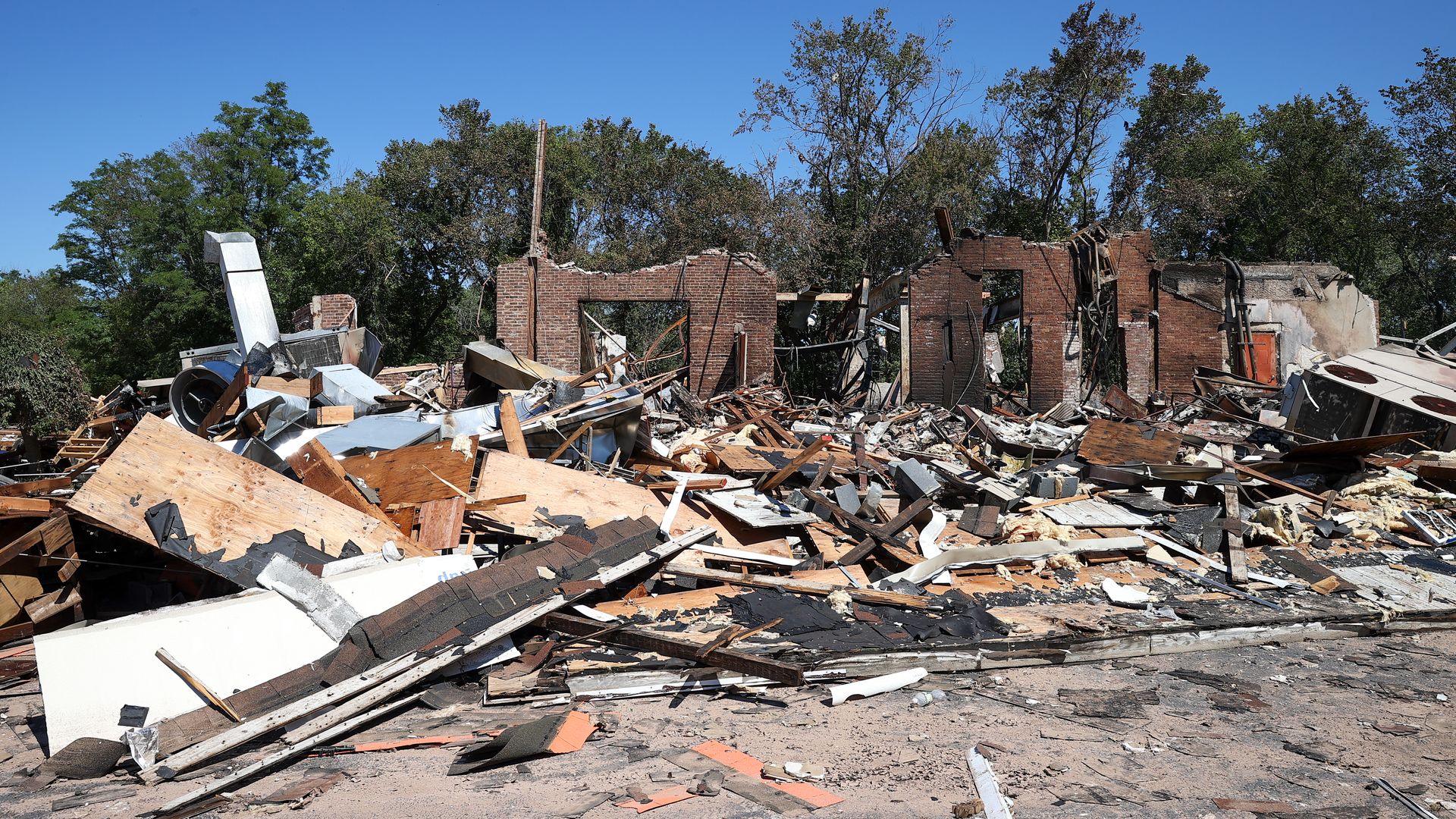 An exploded restaurant is seen with all debris after heavy rain and storm from remnants of Hurricane Ida in Manville, New Jersey, United States on September 7, 2021.
