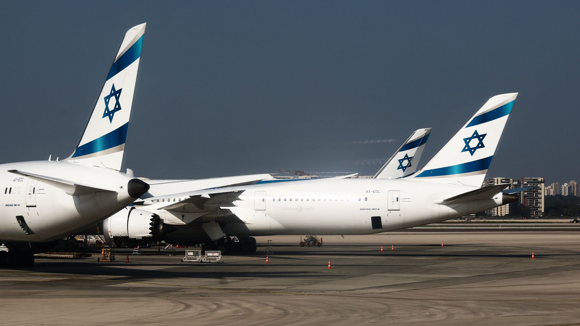 El Al planes are seen at the Ben Gurion International Airport in Tel Aviv on December 31, 2022