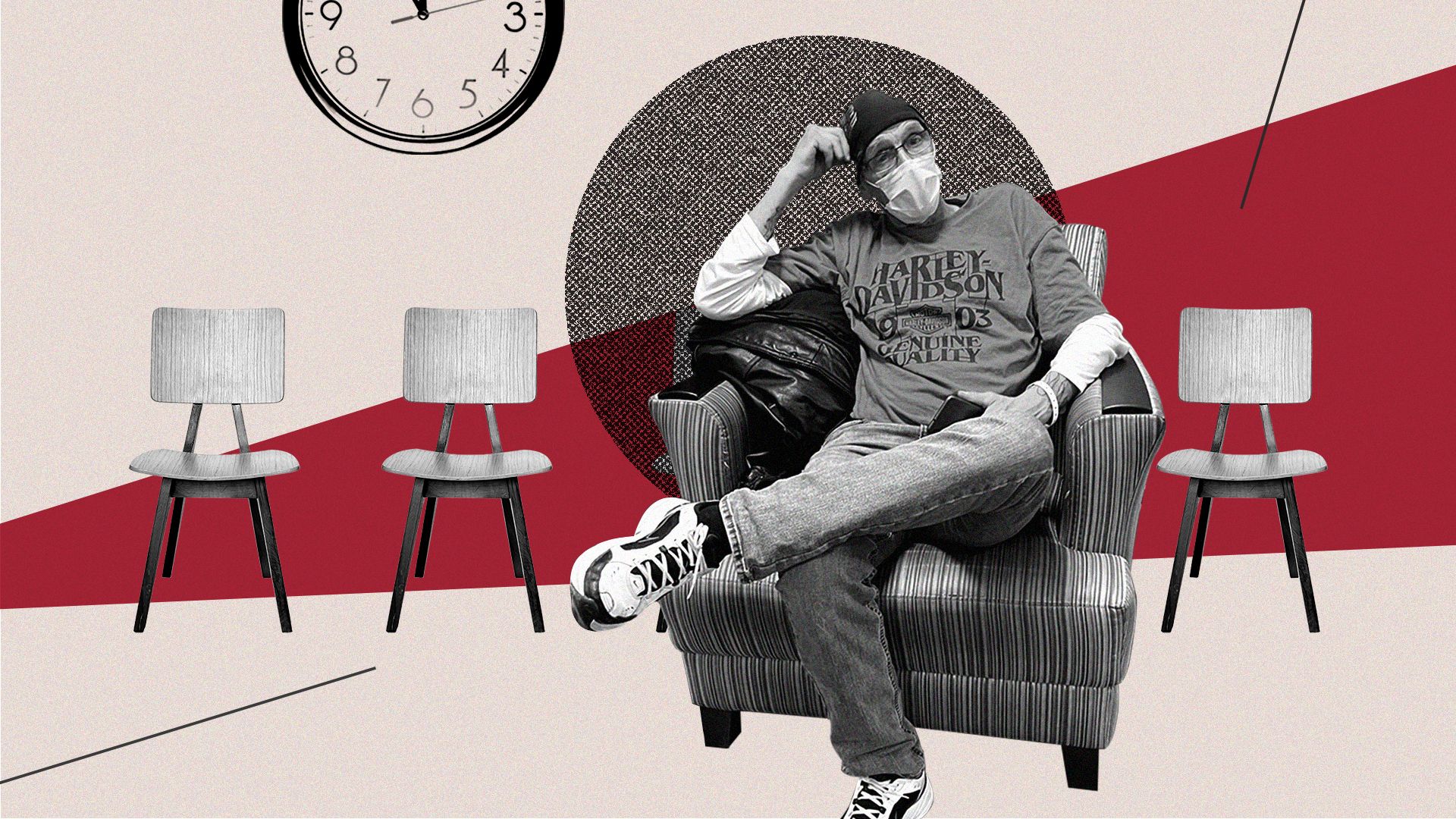 Photo illustration collage of a patient sitting in the ER waiting room.