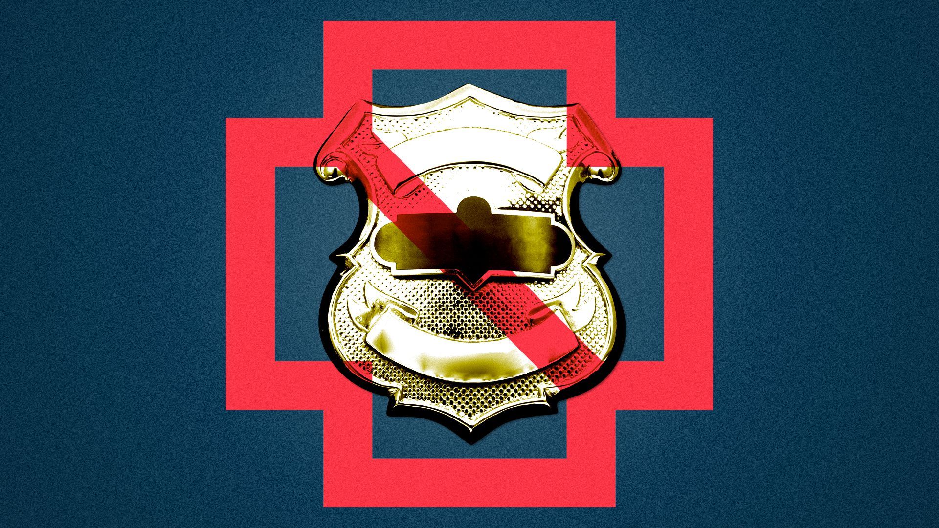 Illustration of a no-sign in the shape of a red cross over a police badge. 