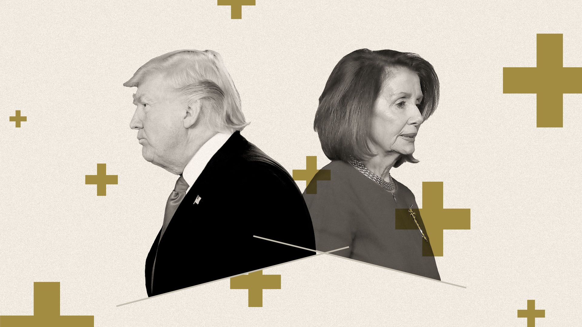 Photo illustration of President Trump and Speaker Pelosi both in profile looking in opposite directions