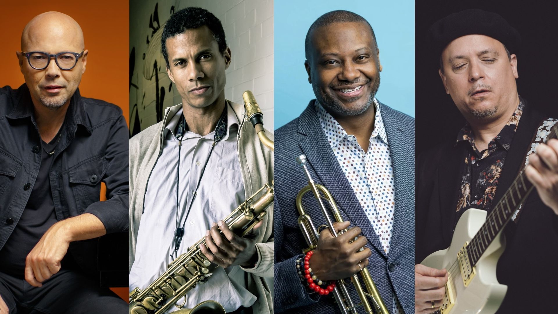Six-panel collage of male musicians with instruments: guitarist, saxophonist, trumpeter, guitarist, upright bassist, and a cap-wearing, sunglasses-clad man.