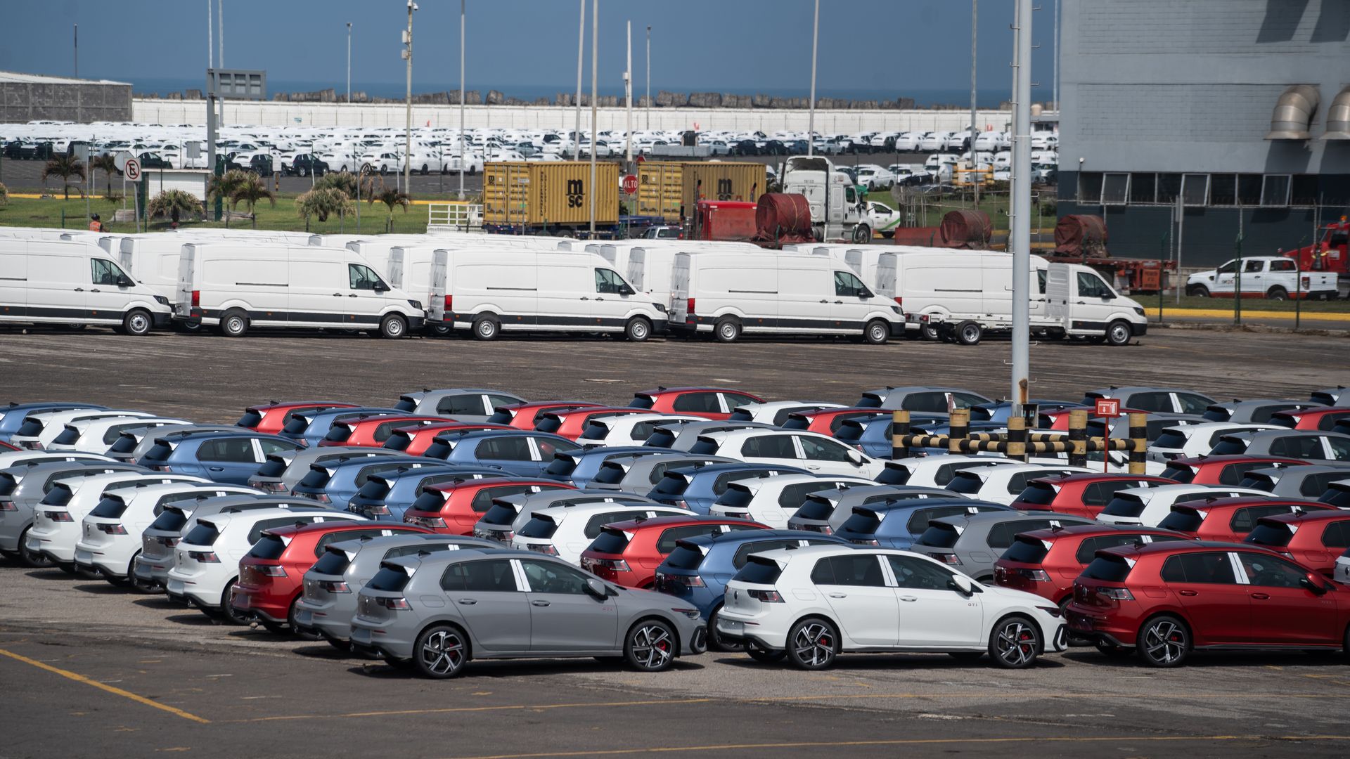 Dozens of vehicles in a parking lot at the Port of Veracruz, Mexico, waiting to be exported. 