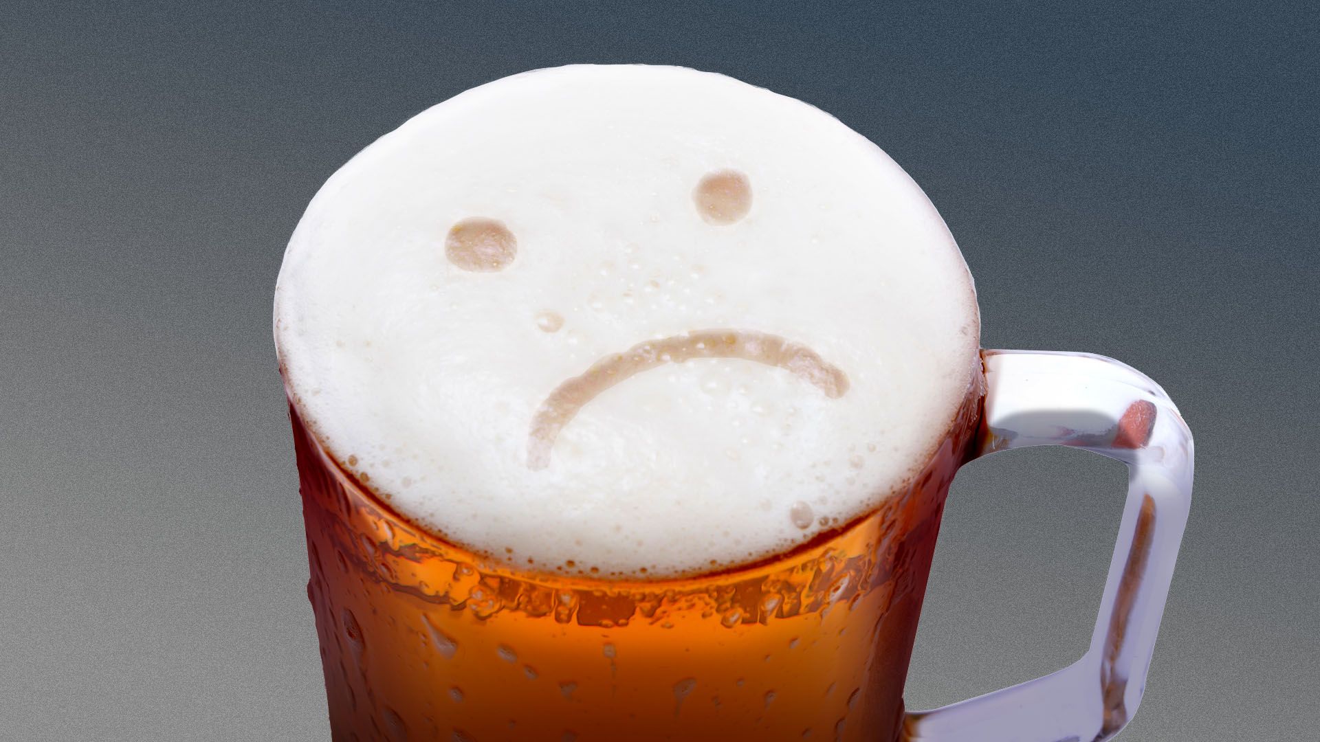 Illustration of a mug of beer, with a sad face in the foam