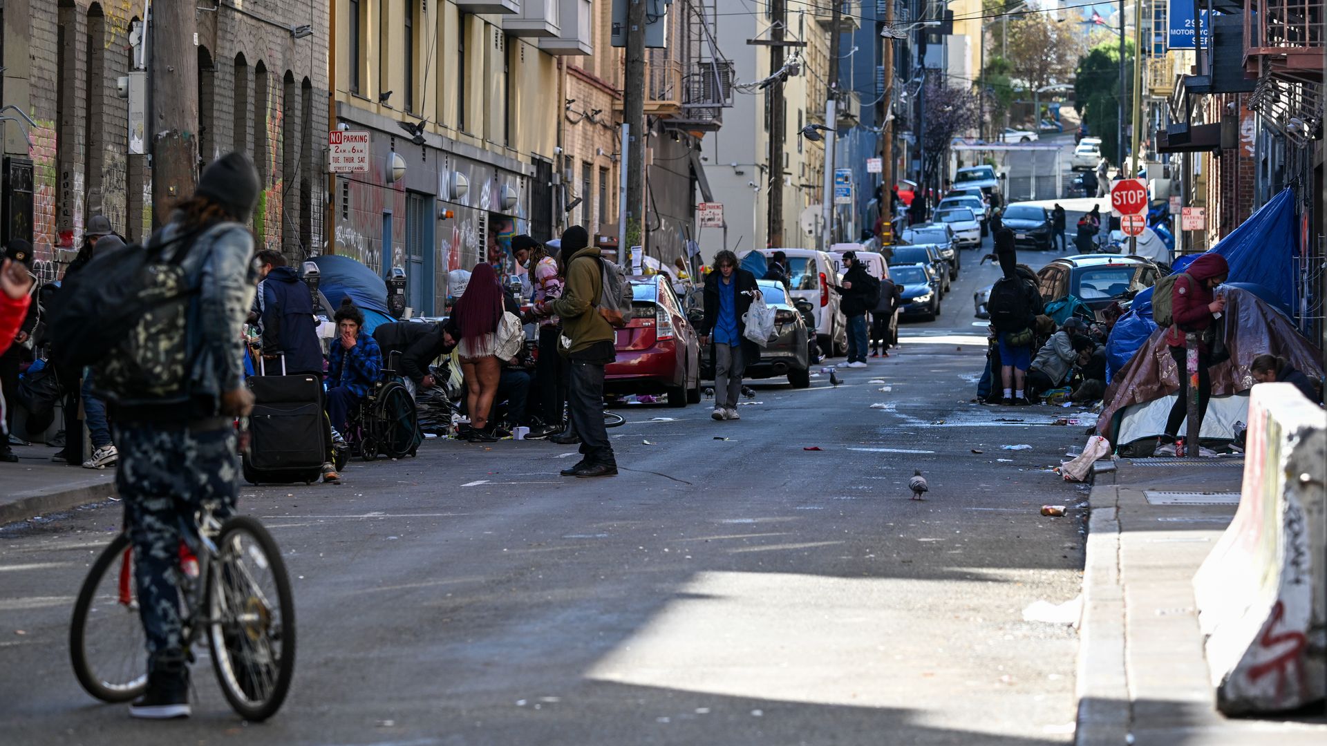 Homeless people pictured in the Tenderloin in San Francisco.