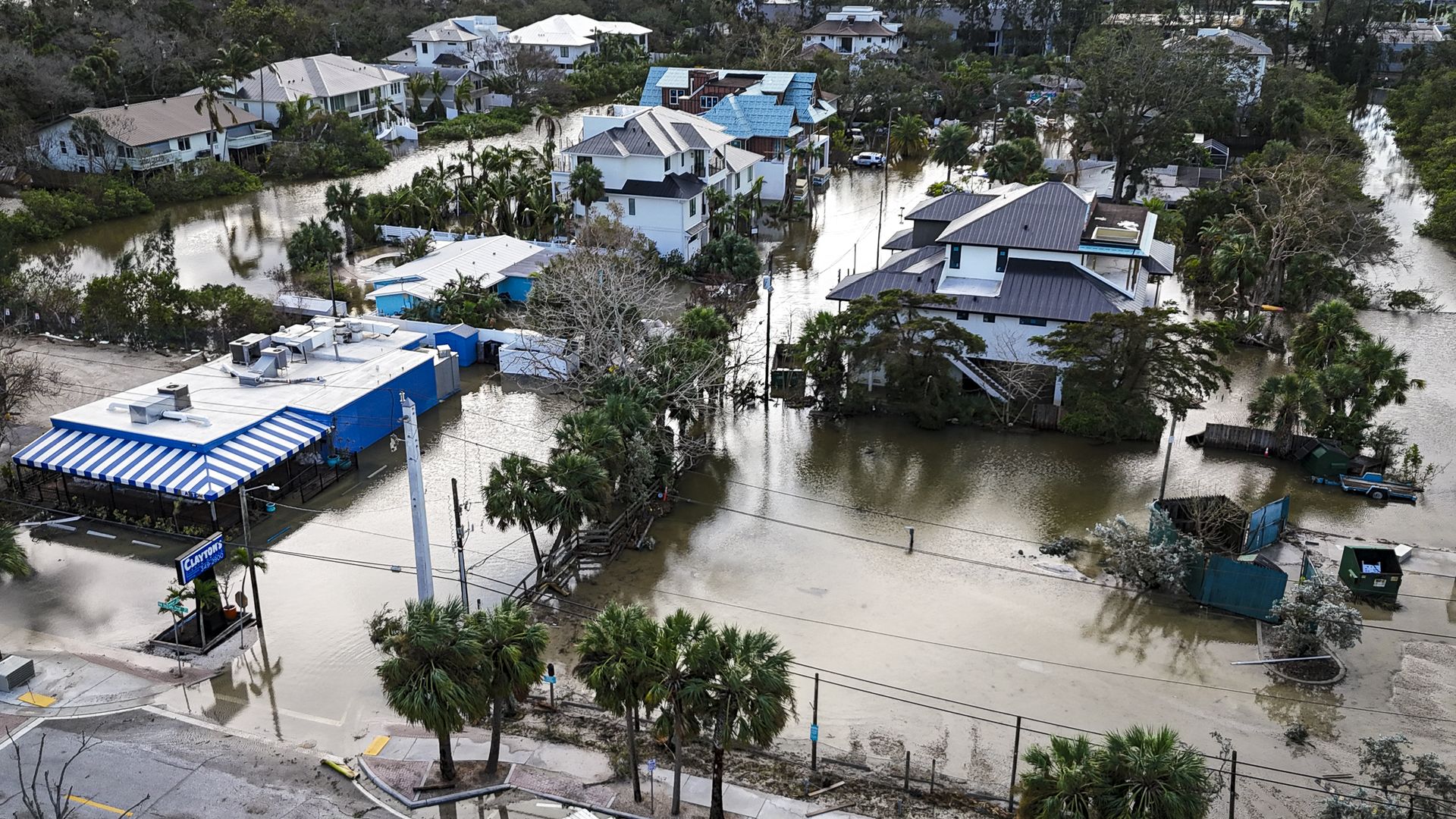 a flooded street due to Hurricane Milton in Siesta Key, Florida, on October 10