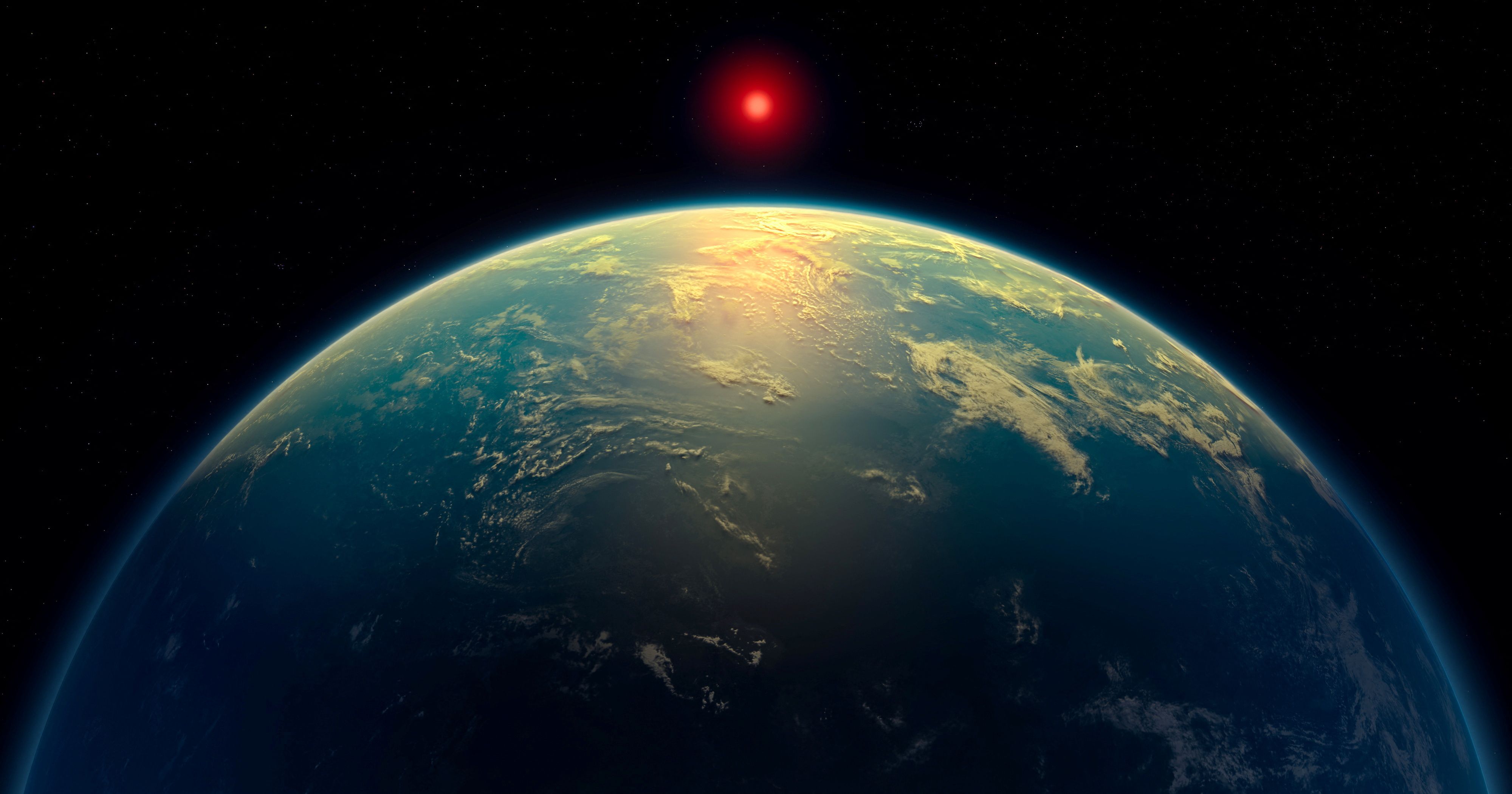 A rendering that shows a planet like K2-18b orbiting a red dwarf star. 