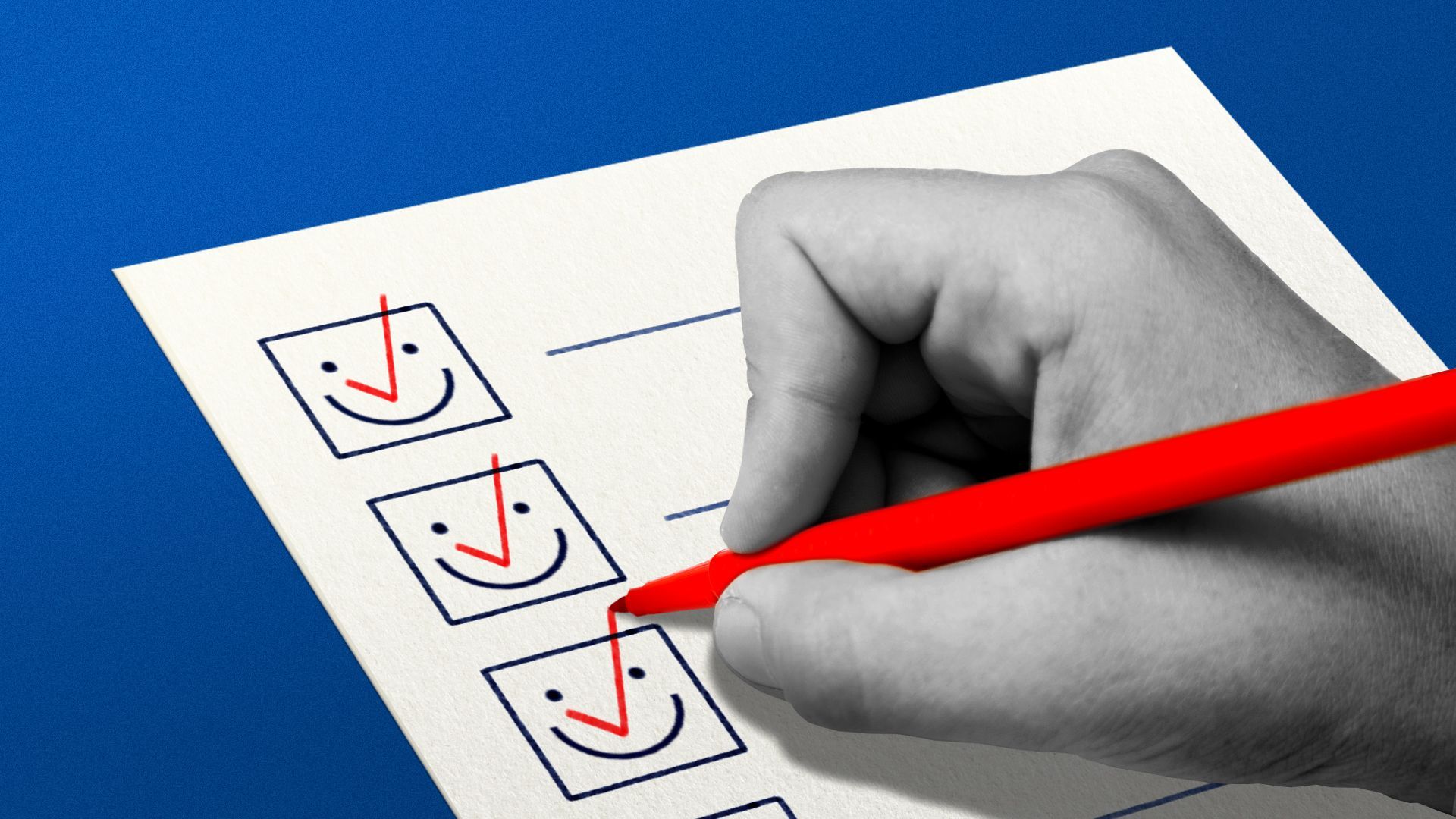 Illustration of a to-do list with boxes filled with smiley faces. A hand is checking the boxes and the red checks look like noses on the smiley faces.