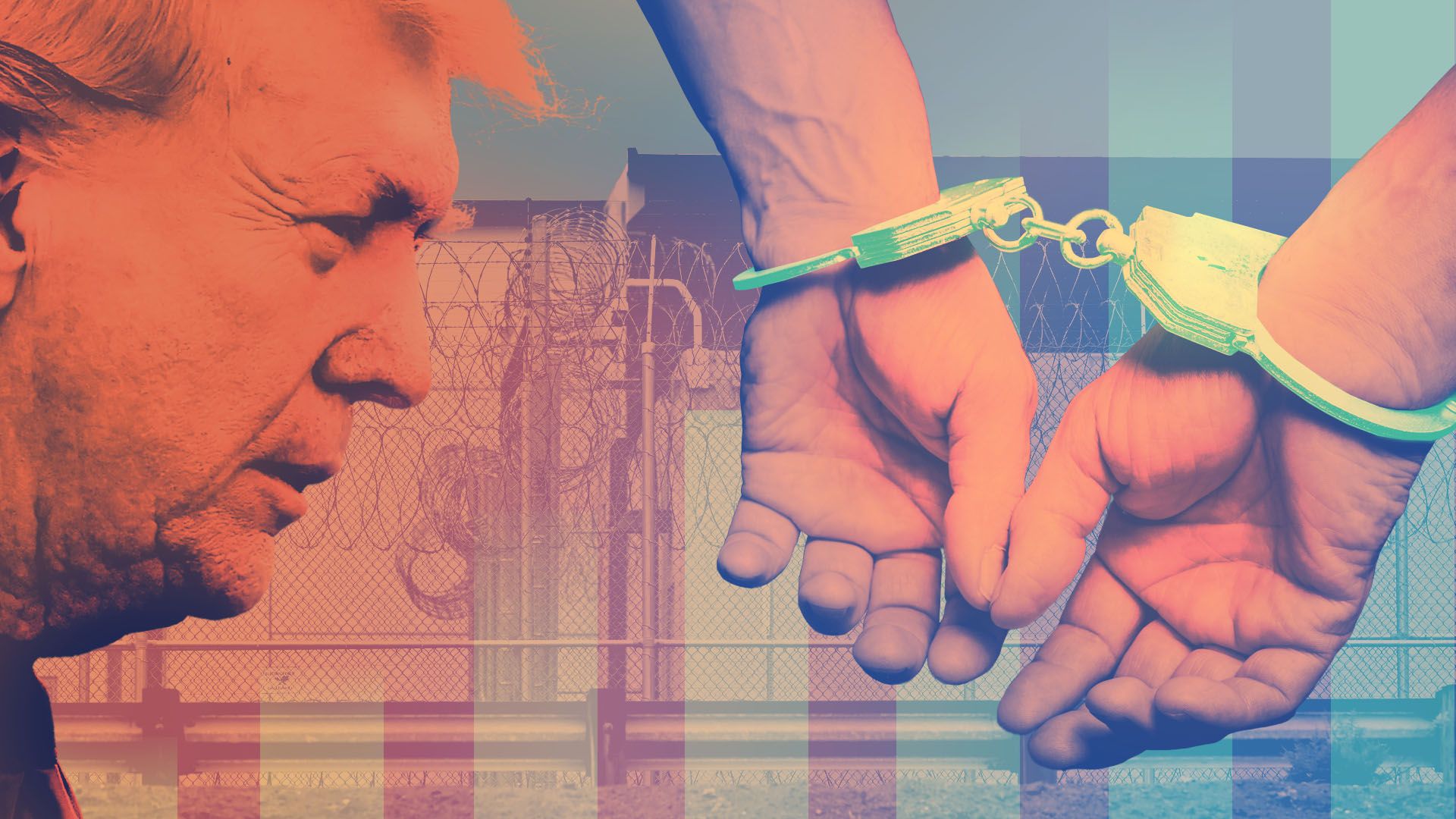Photo illustration of President Trump in profile besides hands in handcuffs over a photo of the CoreCivic Otay Mesa Detention Center and lines resembling a climbing bar chart