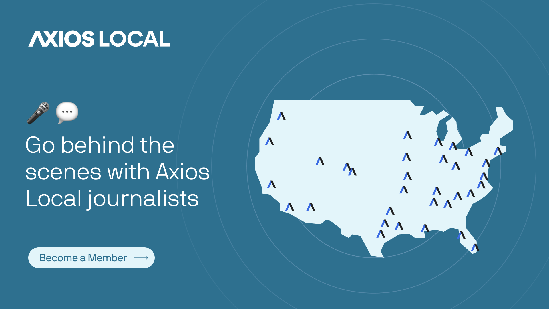 An illustration of a map with Axios icons in each Local city with a microphone and thought bubble emoji