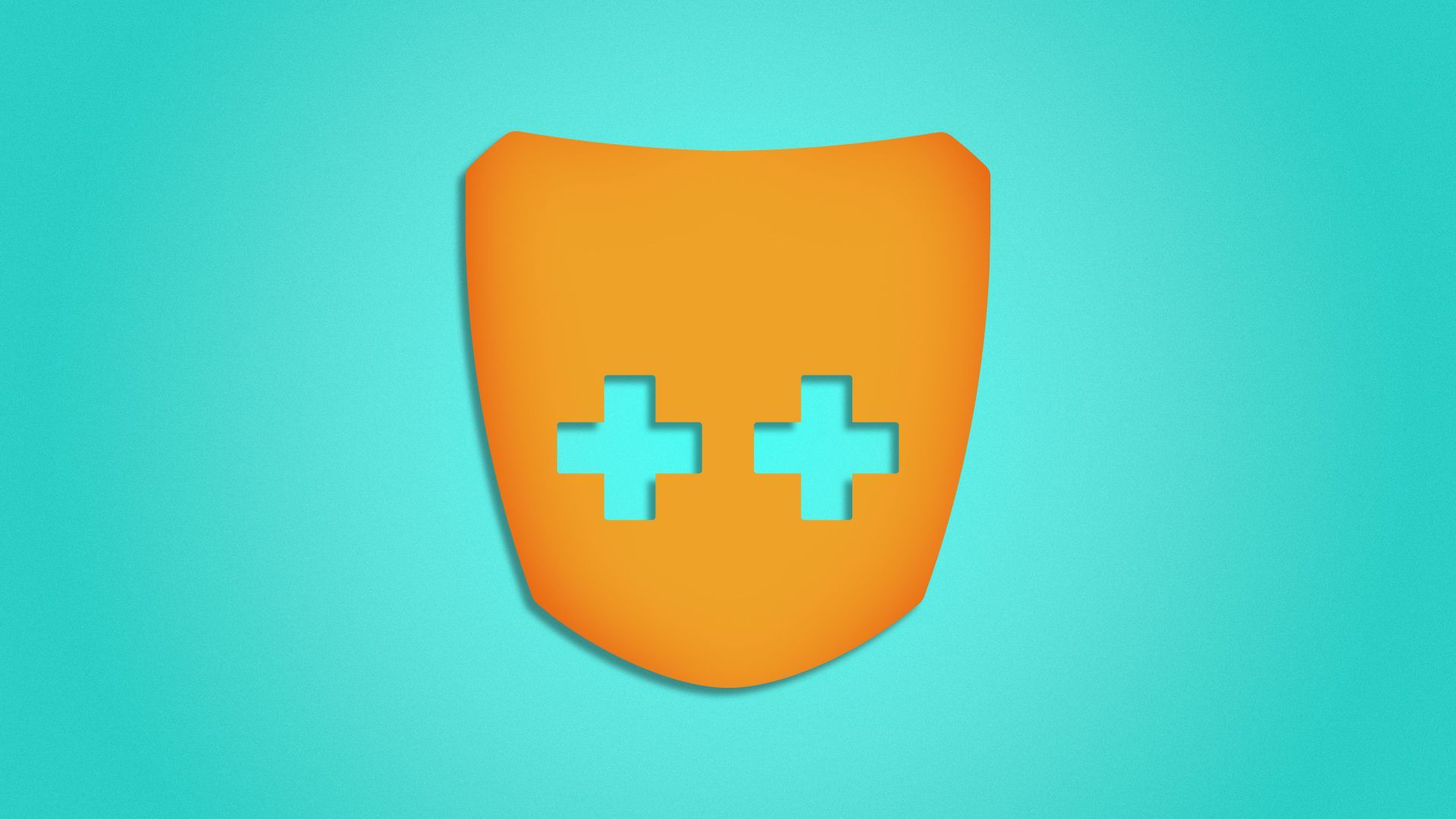 Illustration of the Grindr mask logo with health pluses instead of eyes. 