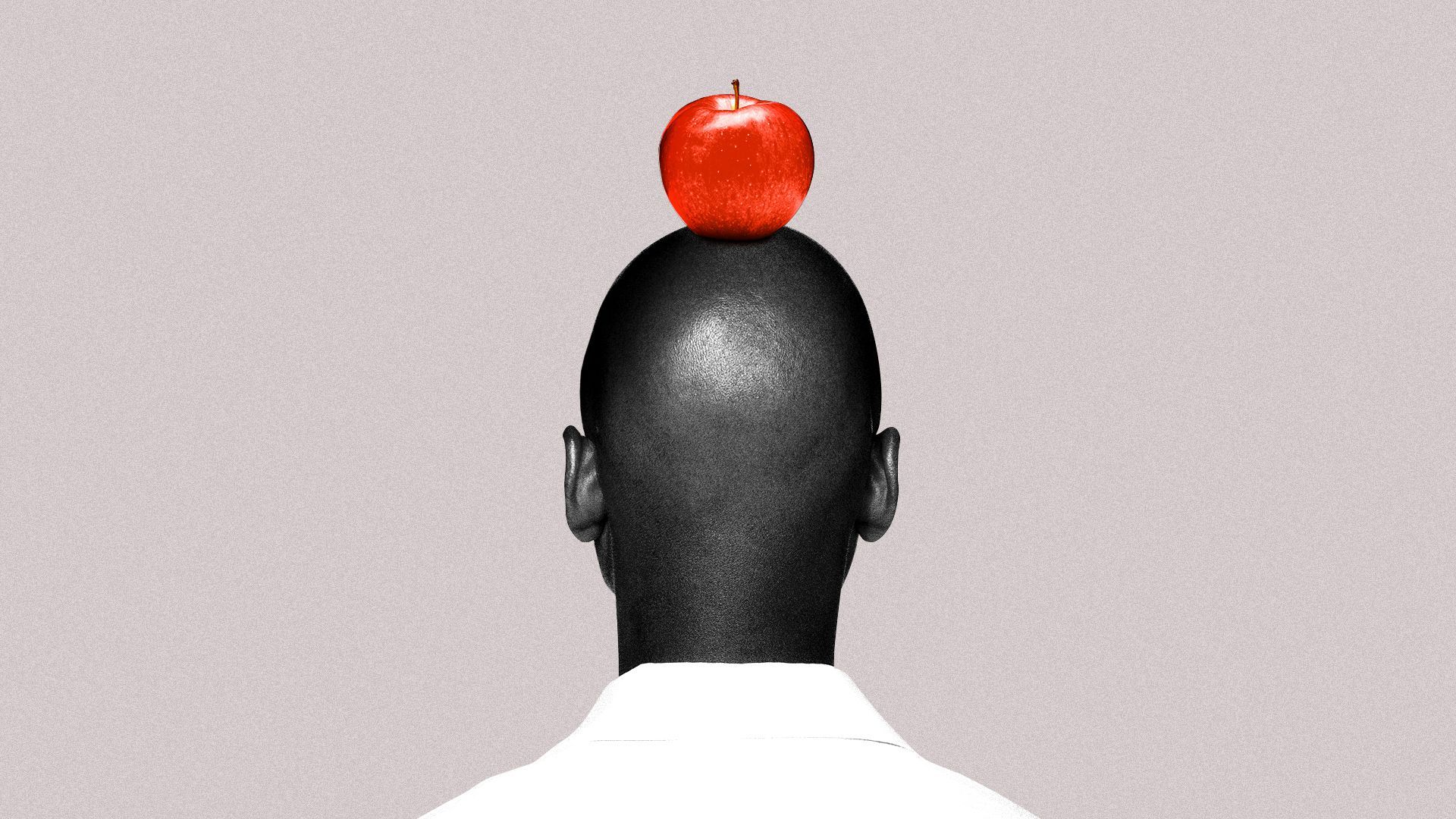 Illustration of the back of a man's head with an apple on top.   