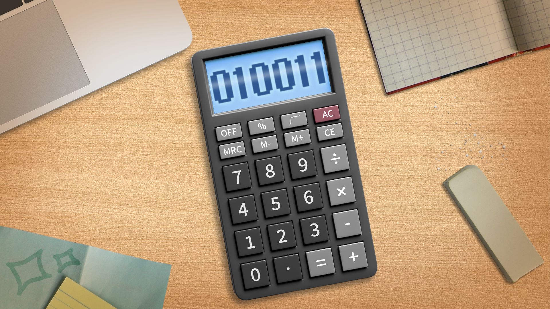 Illustration of a student's desk covered in various papers, books, a laptop, and a calculator featuring binary code