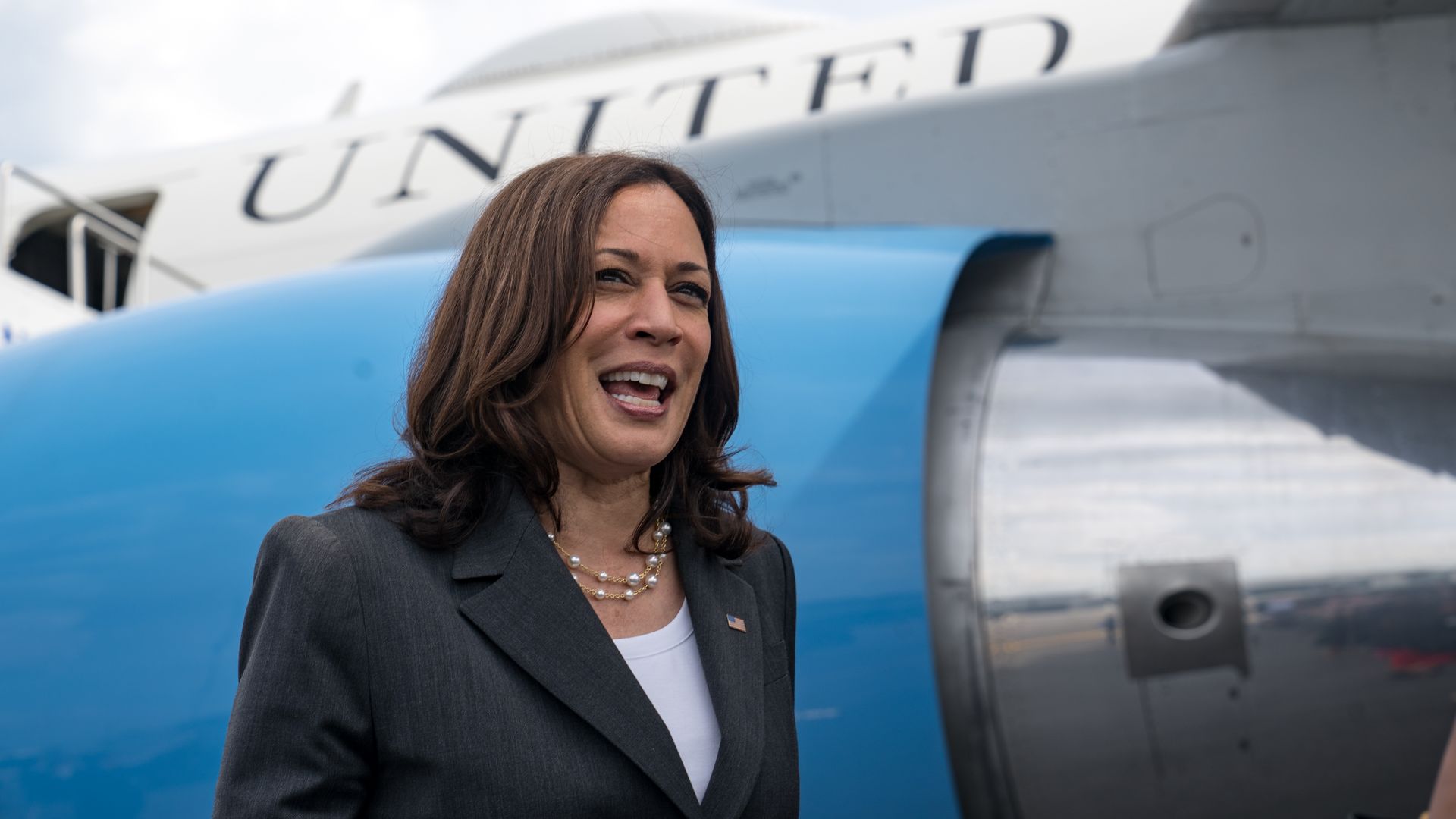 U.S. Vice President Kamala Harris speaks with the media at Hartsfield Jackson International Airport.