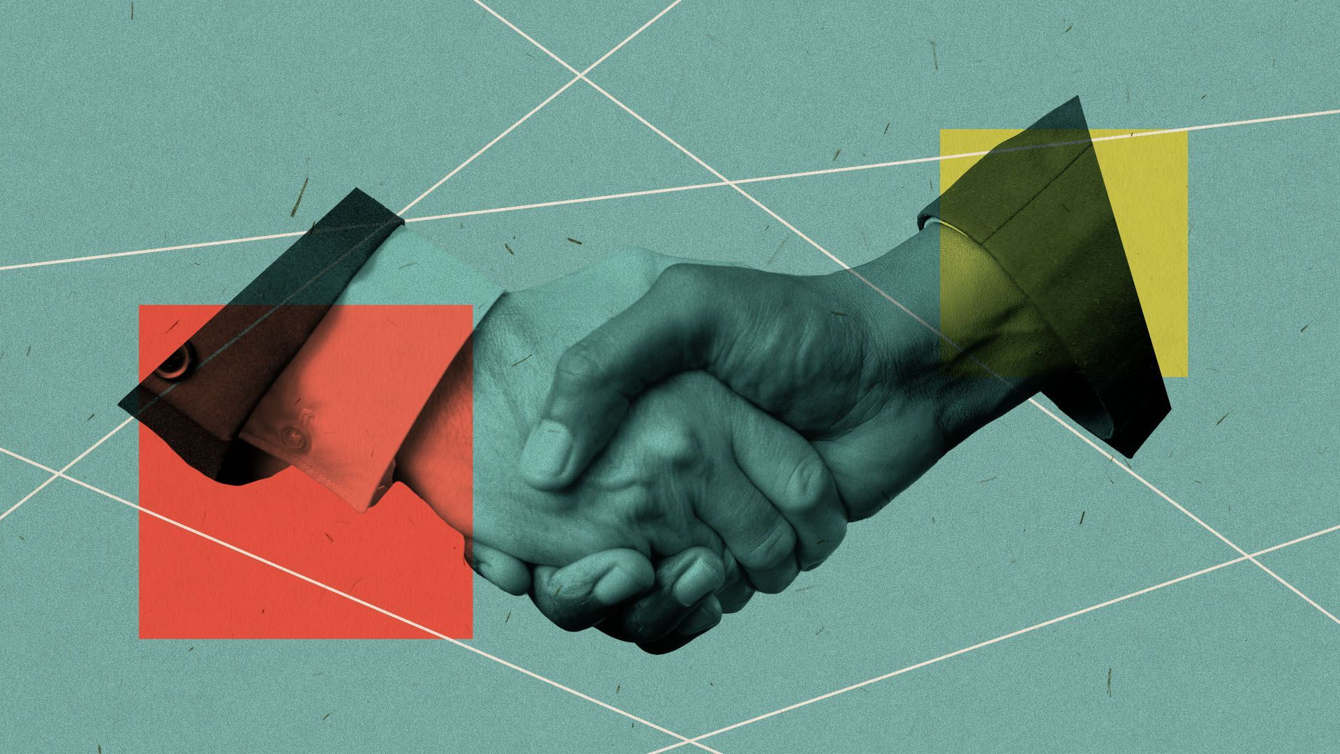 Illustration of a set of shaking hands with shapes and lines in the background