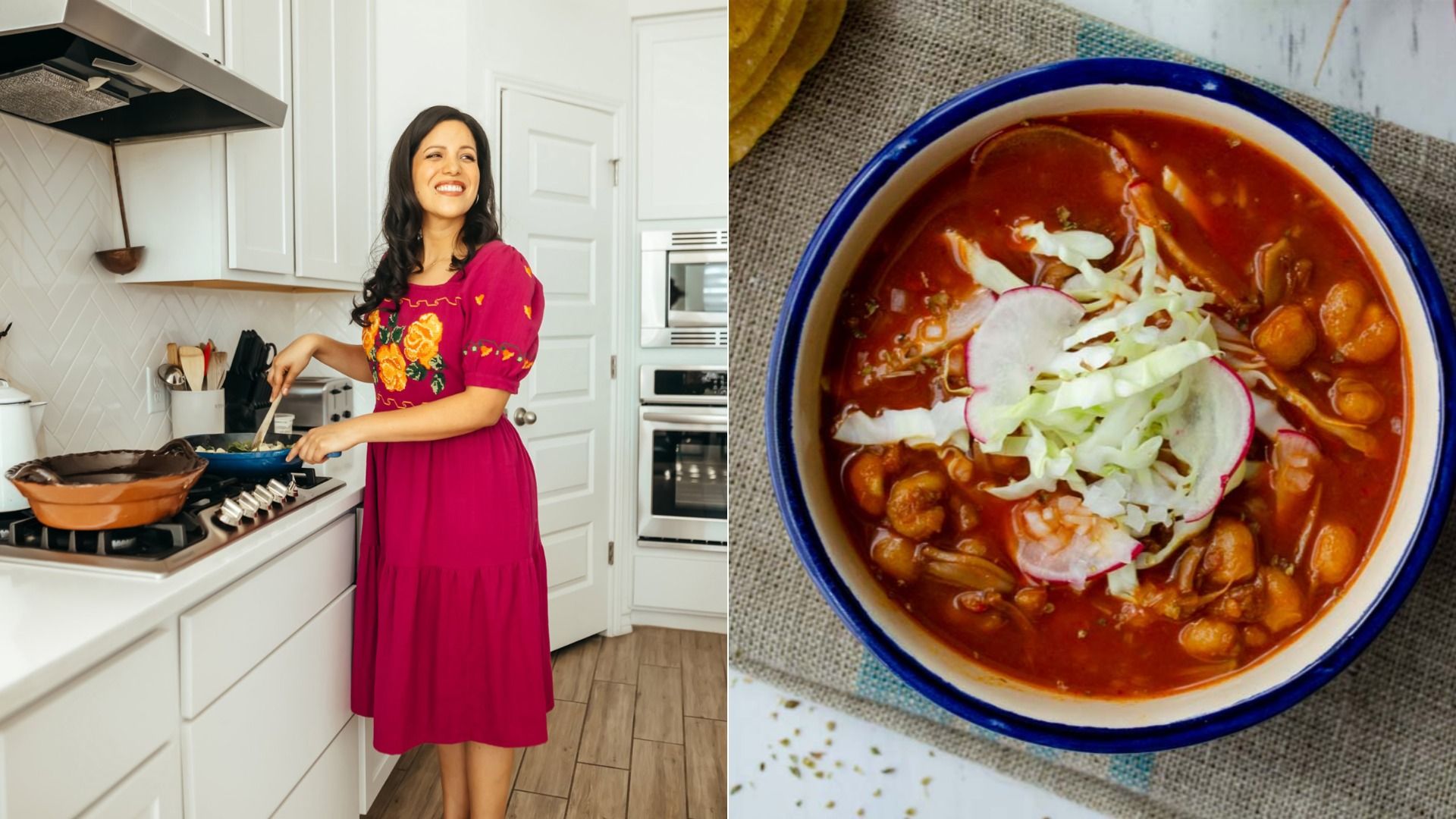 Woman in a bright pink dress cooking in a white kitchen; bowl of red soup topped with shredded cabbage and radish slices on burlap cloth nearby.