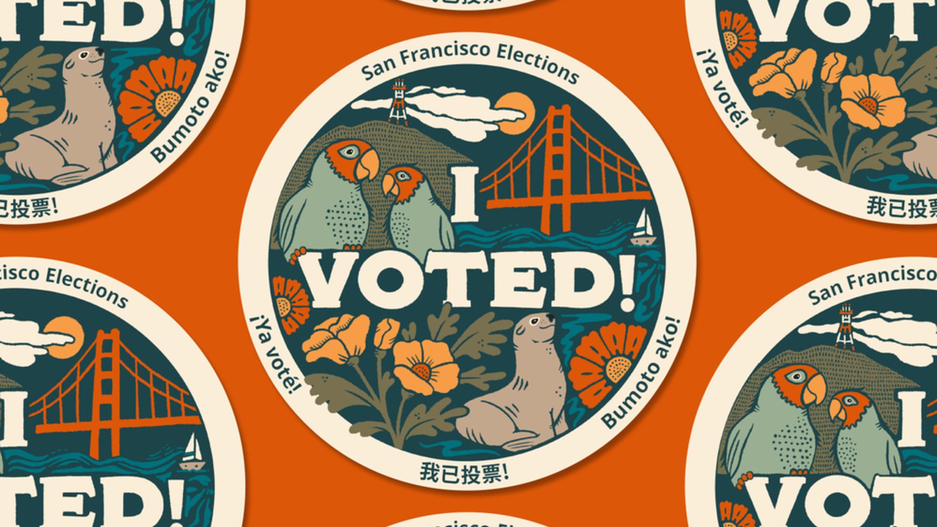 Pattern of round I VOTED! stickers on an orange background. The central sticker shows two parrots, the Golden Gate Bridge, water, sun, and flowers; outer text reads San Francisco Elections with floral art.