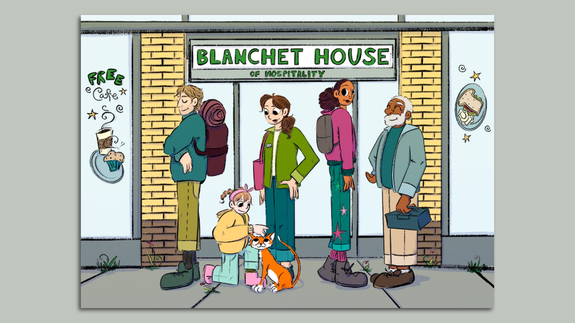An illustration of four people standing in a line outside of a location that reads "Blanchet House"